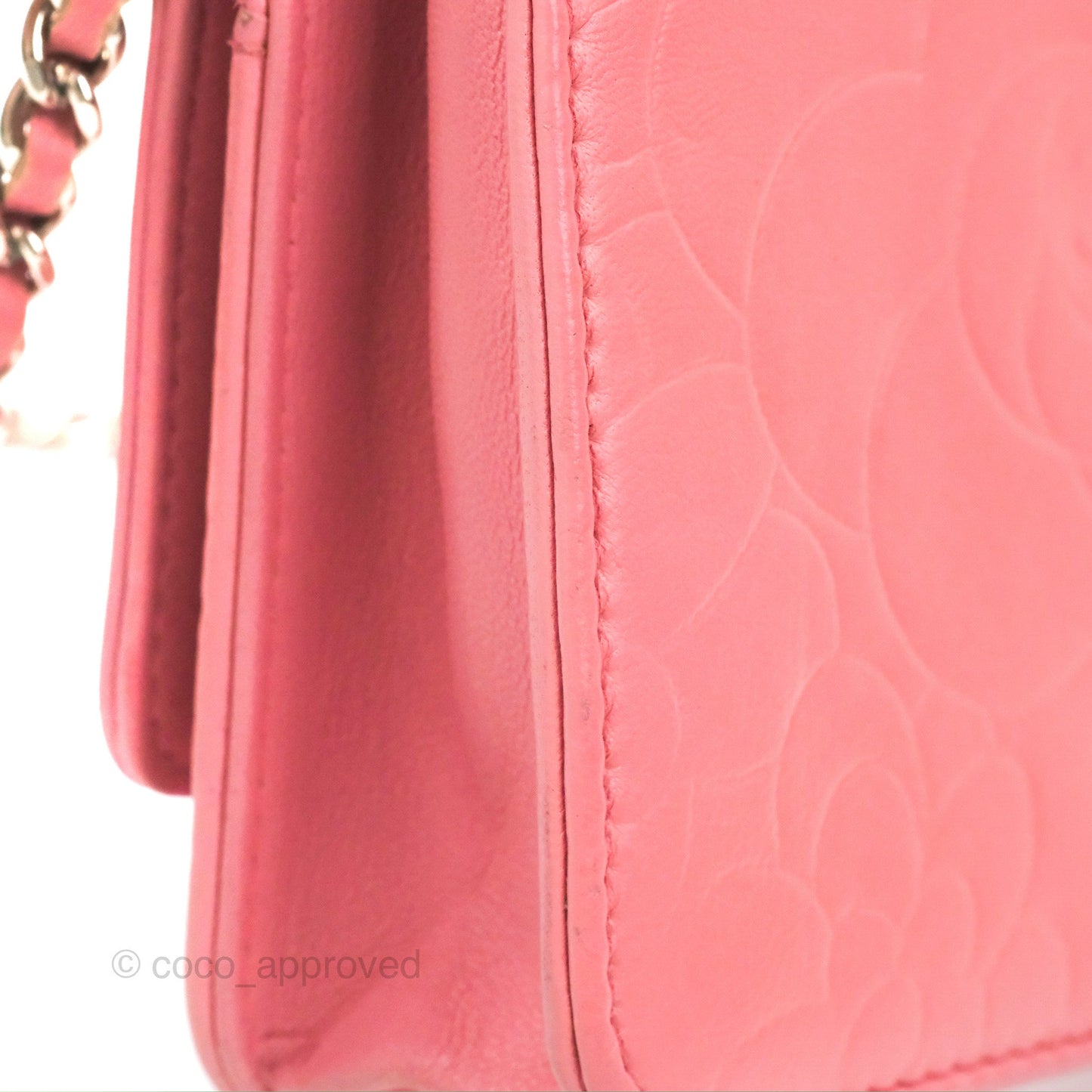 Chanel Camellia Embossed Wallet On Chain WOC Pink Lambskin Silver Hardware