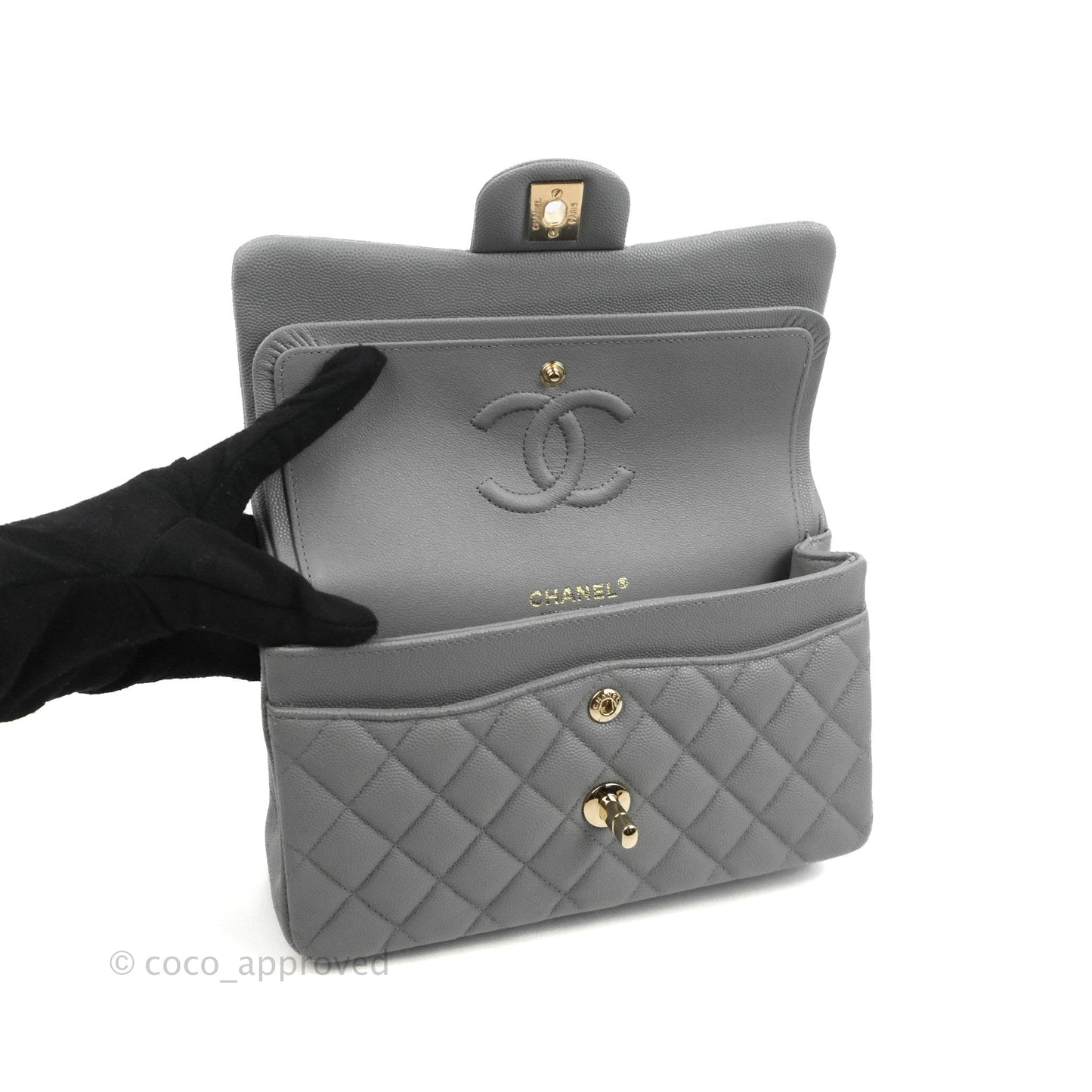 Chanel Small Classic Quilted Flap Grey Caviar Gold Hardware 20C