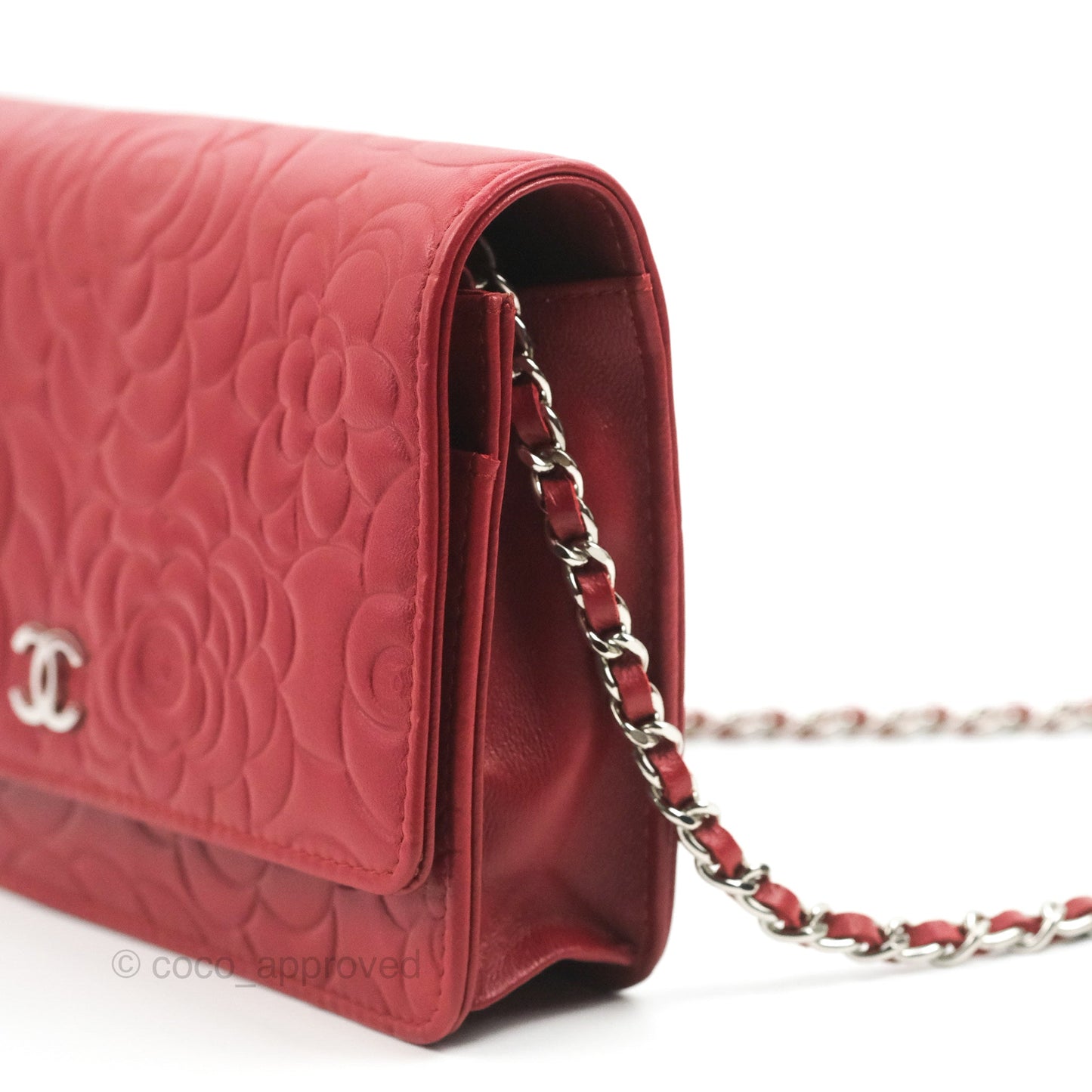 Chanel Camellia Embossed Wallet On Chain WOC Red Lambskin Silver Hardware