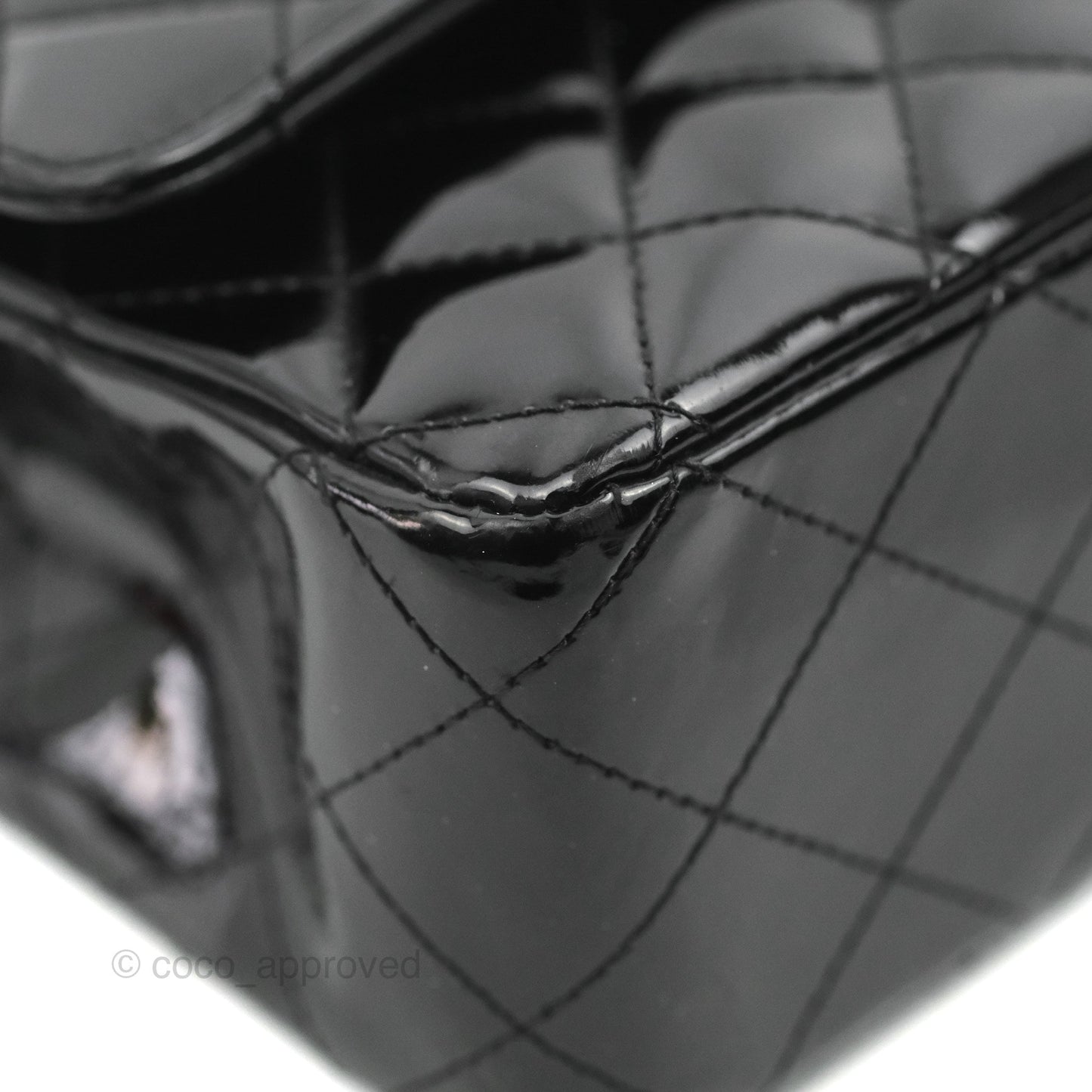 Chanel Classic M/L Medium Flap Quilted Black Patent Silver Hardware