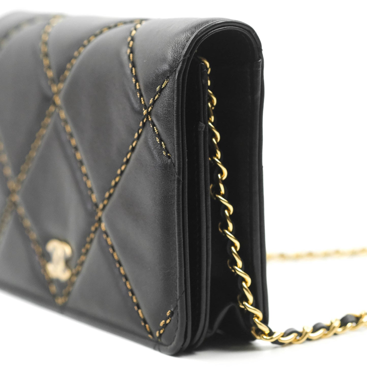 Chanel Quilted Wallet on Chain WOC Stitching Black Lambskin Gold Hardware