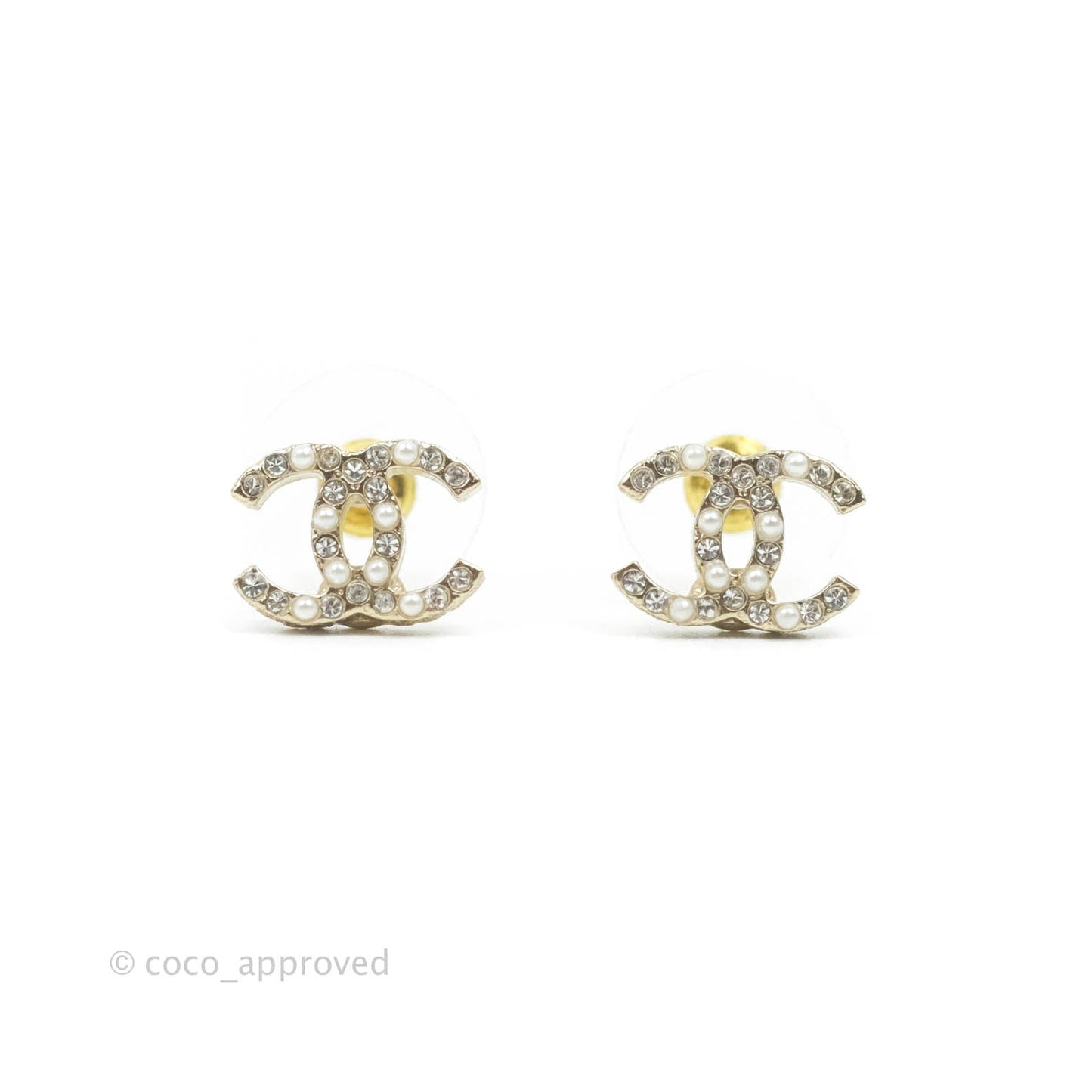 Chanel CC Pearl Crystal Earrings Gold Tone 21V