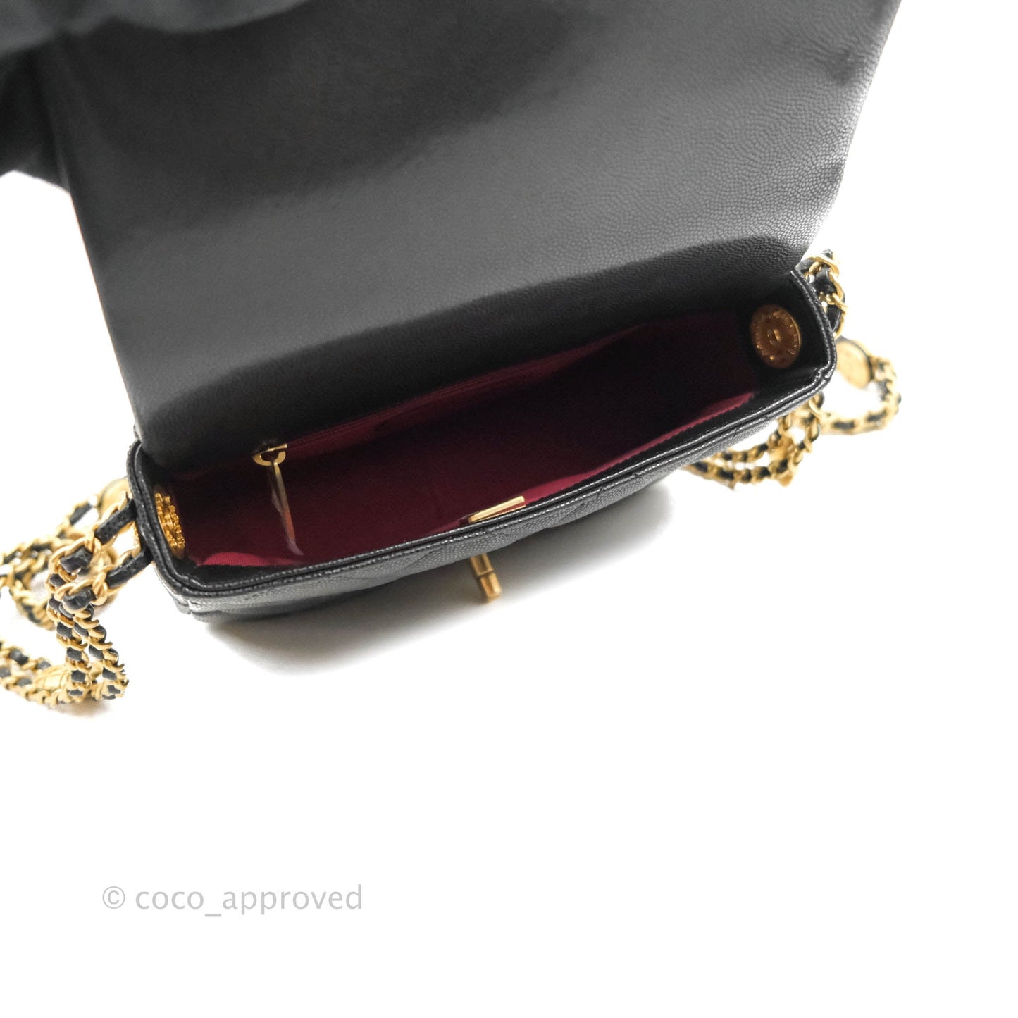 Chanel Small Flap with Coin Charm Black Caviar Aged Gold Hardware 22A