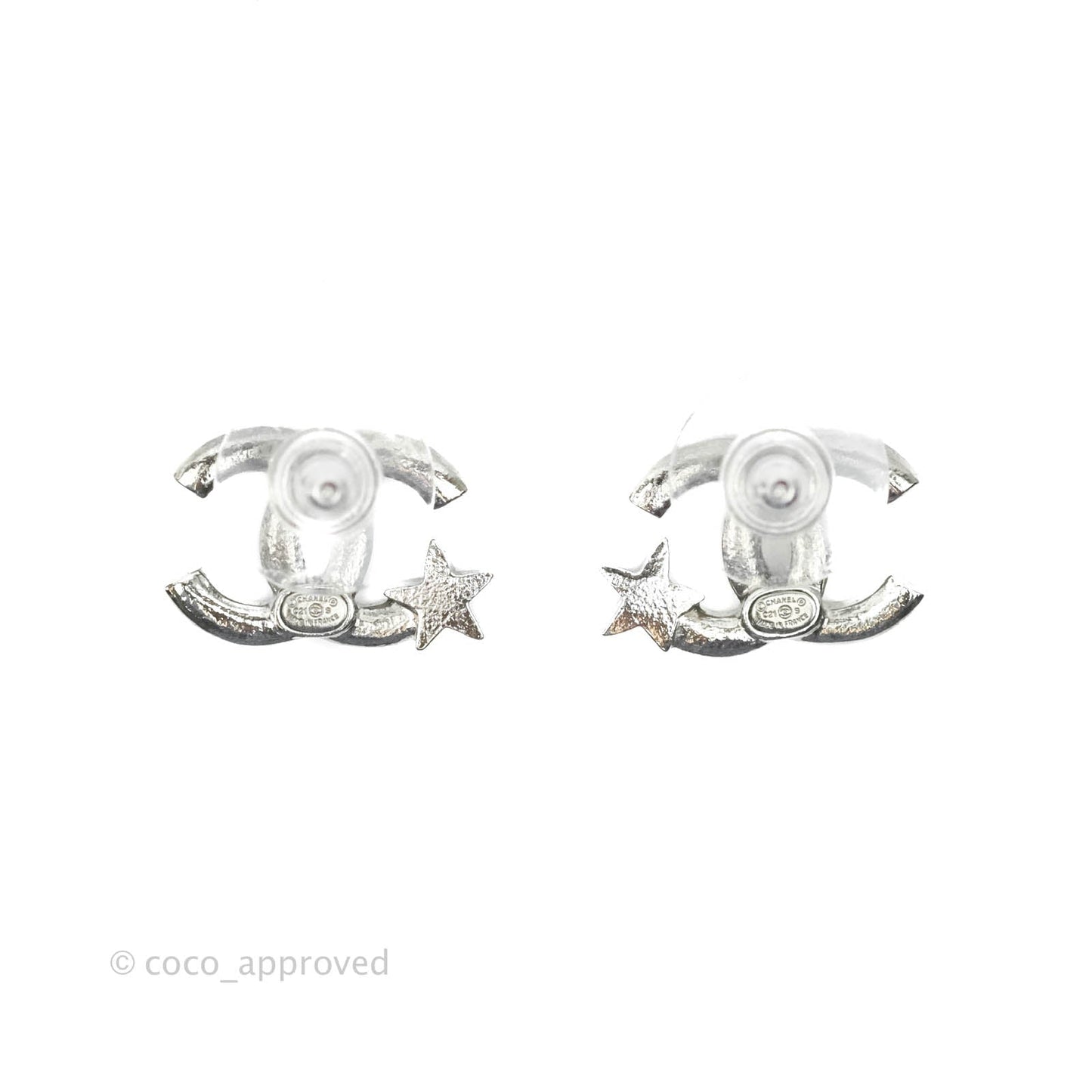 Chanel Crystal CC Star Earrings Silver Tone 21S