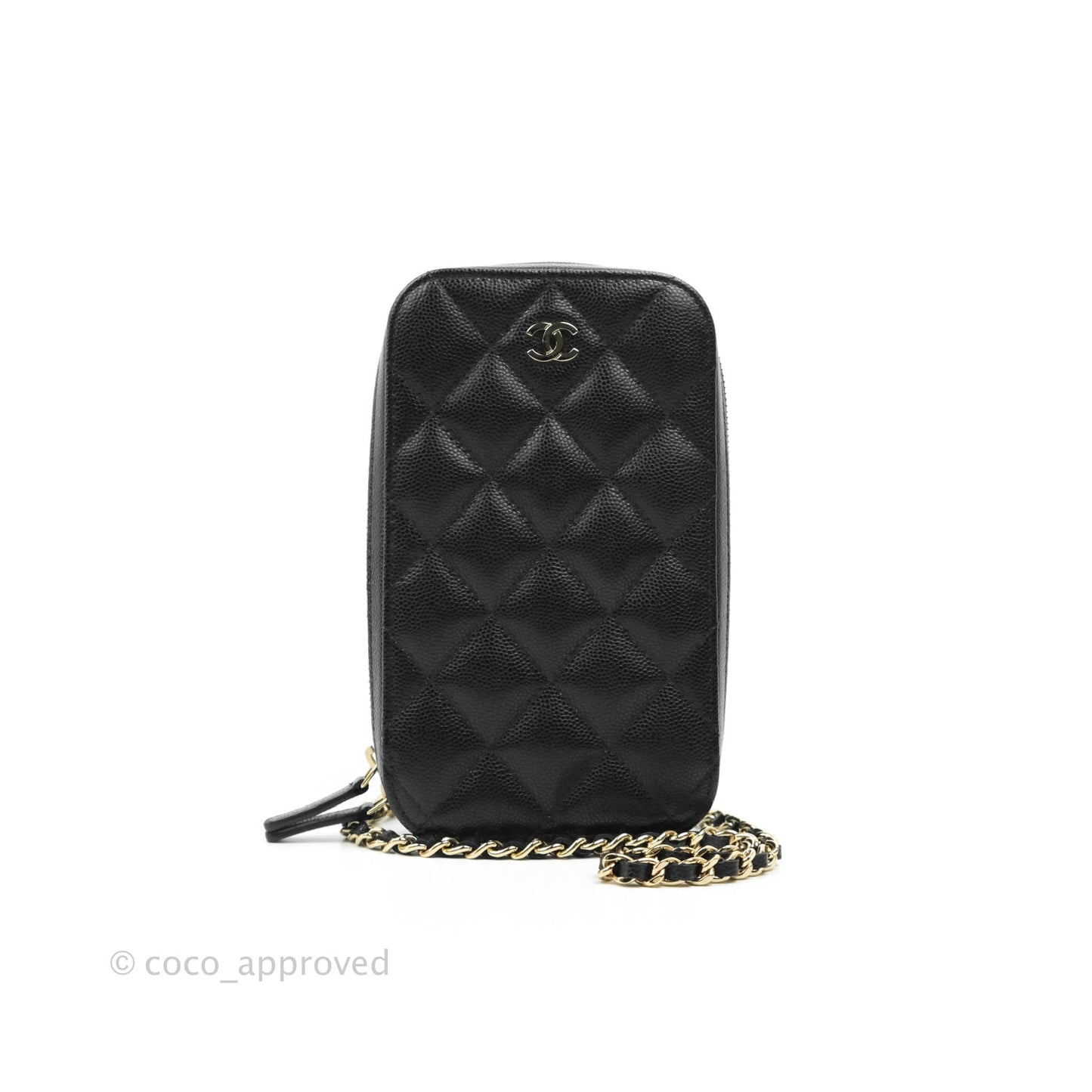 Chanel Quilted Phone Holder Black Caviar Gold Hardware
