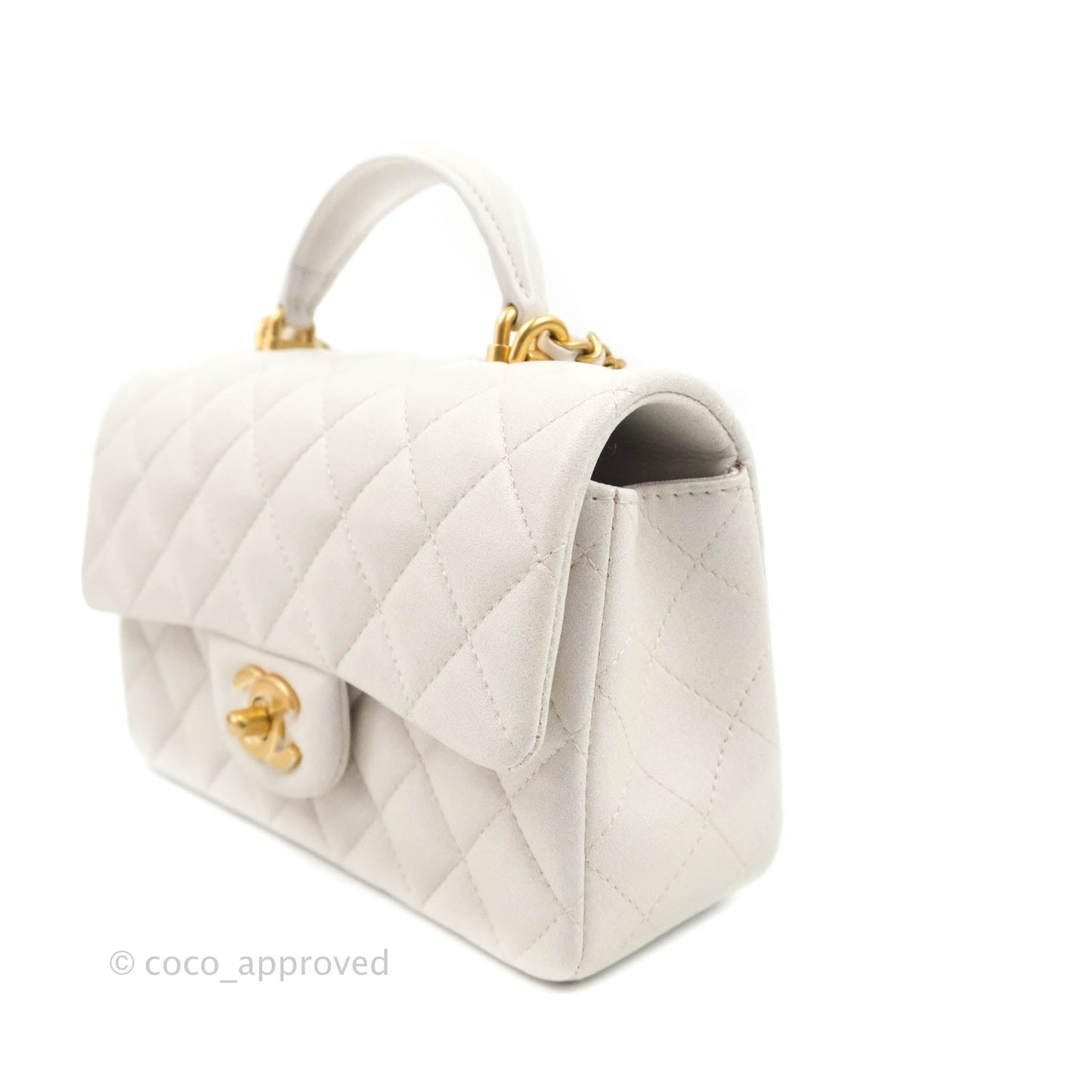 Chanel Top Handle Mini Rectangular Flap Bag Iridescent White Lambskin Gold Hardware