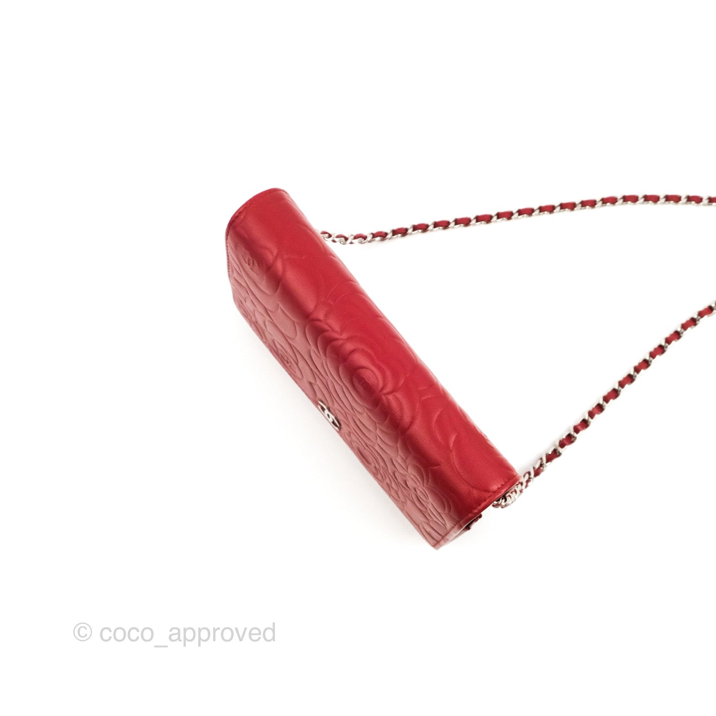 Chanel Camellia Embossed Wallet On Chain WOC Red Lambskin Silver Hardware