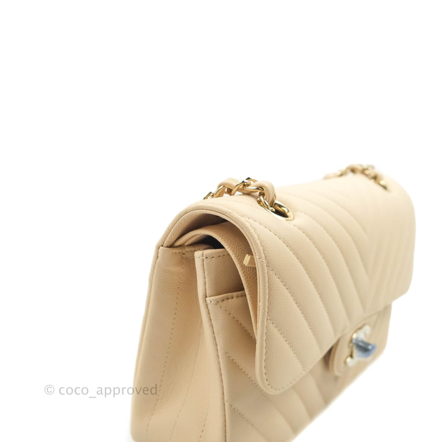 Chanel S/M Small Chevron Classic Flap Beige Caviar Gold Hardware 21S