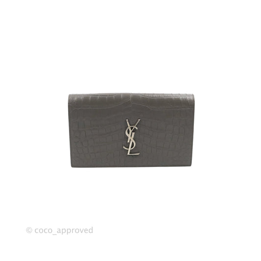 Saint Laurent Clutch Bag Grey Croc-Embossed Silver Hardware