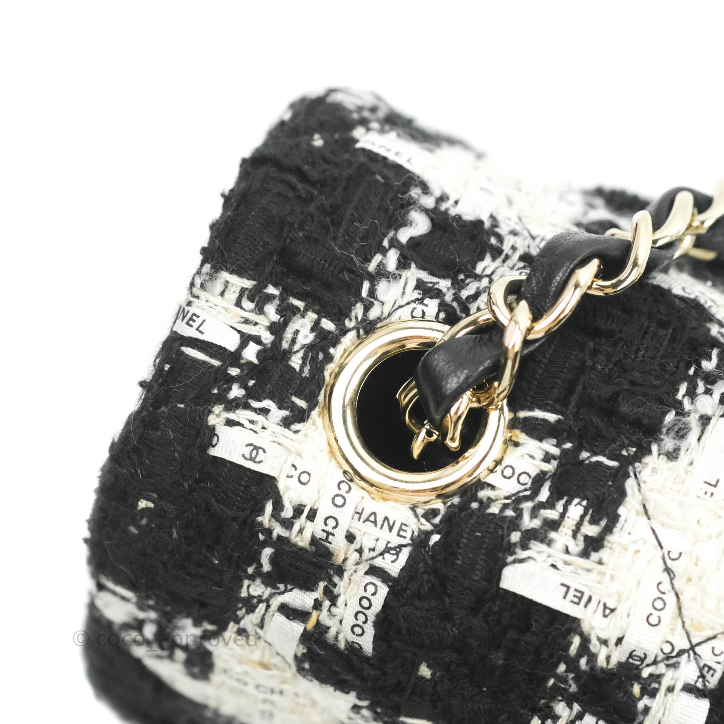 Chanel Quilted Mini Rectangular Flap Tweed Houndstooth Black & White Gold Hardware