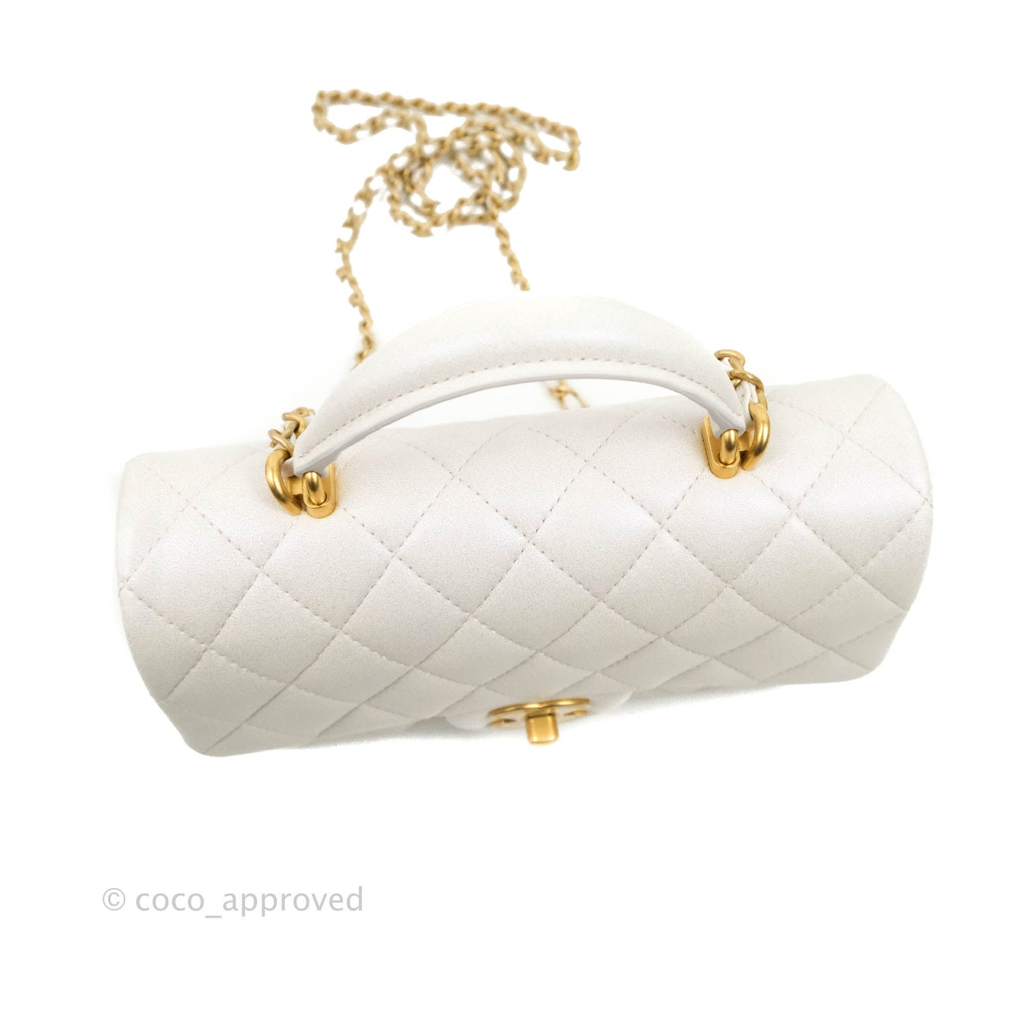Chanel Top Handle Mini Rectangular Flap Bag Iridescent White Lambskin Gold Hardware