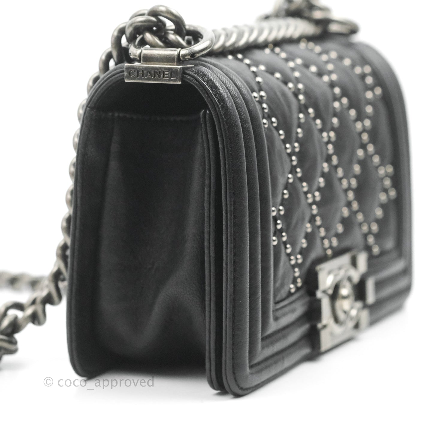 Chanel Quilted Small Boy Studded Bag Black Aged Calfskin Ruthenium Hardware