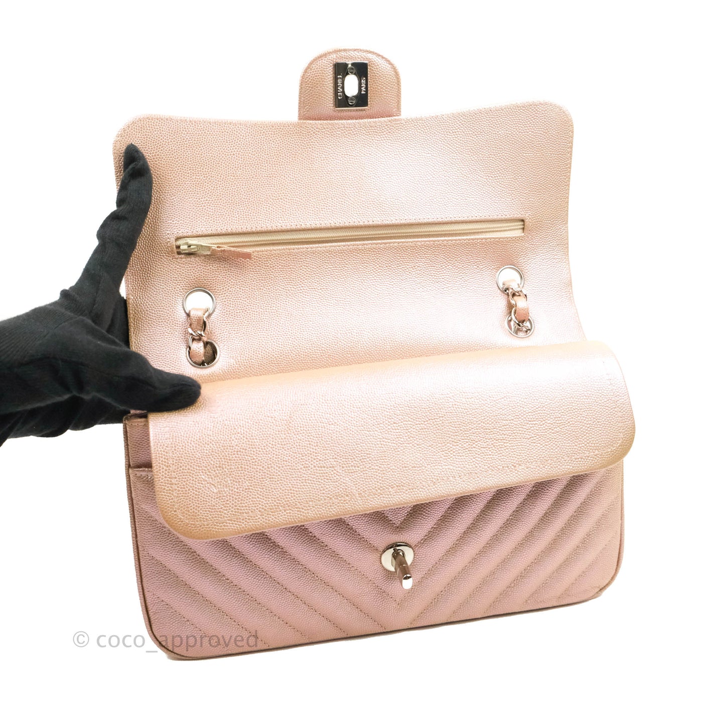 Chanel Classic M/L Medium Double Flap Iridescent Rose Gold Pink Caviar Silver Hardware 17B