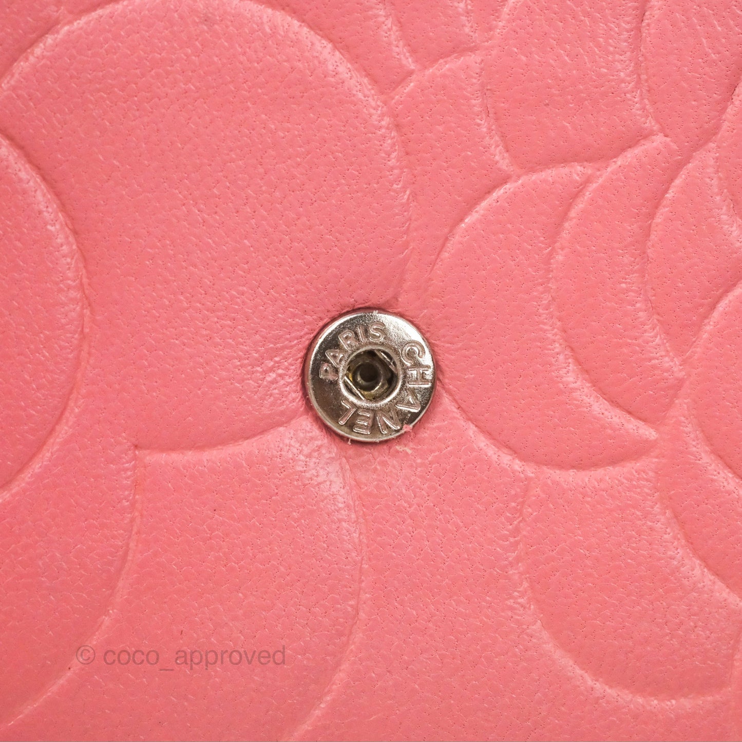 Chanel Camellia Embossed Wallet On Chain WOC Pink Lambskin Silver Hardware