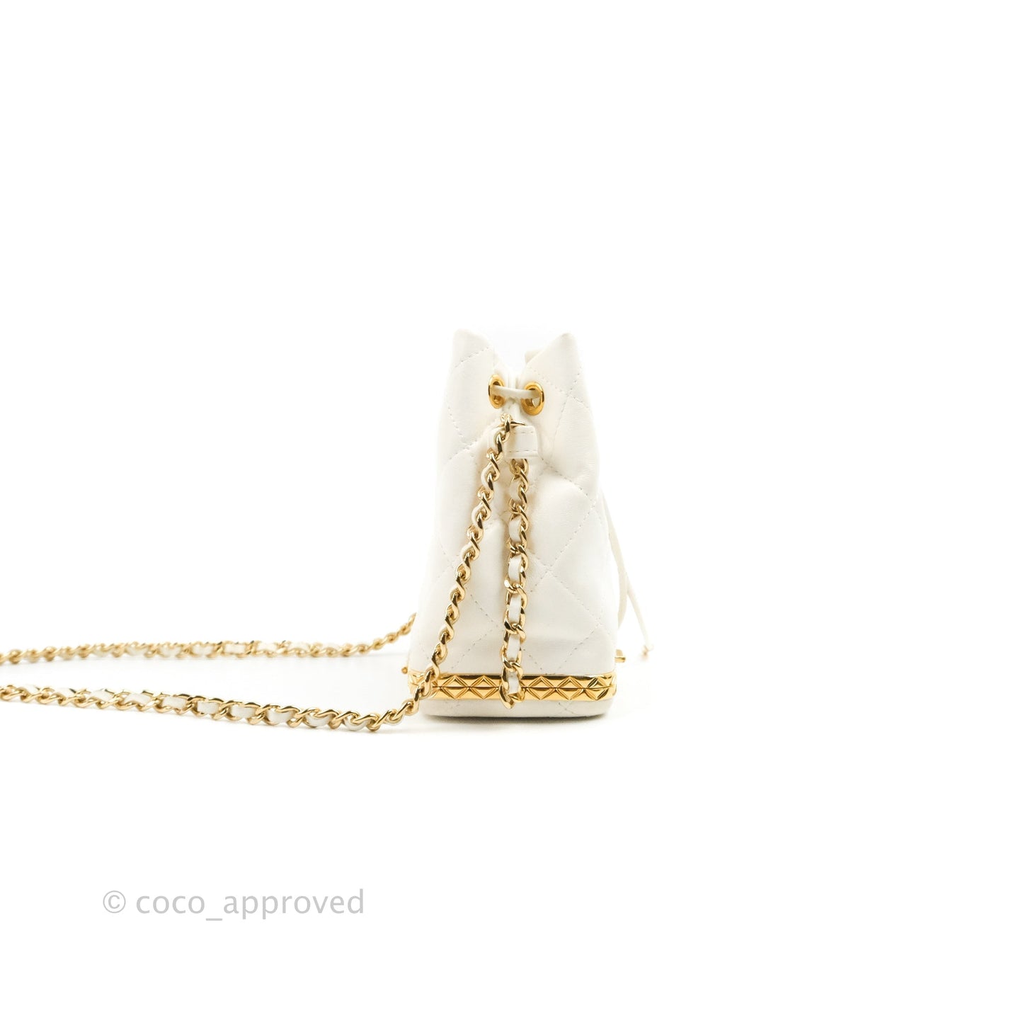Chanel Quilted Small Drawstring Bucket Bag White Calfskin Gold Hardware