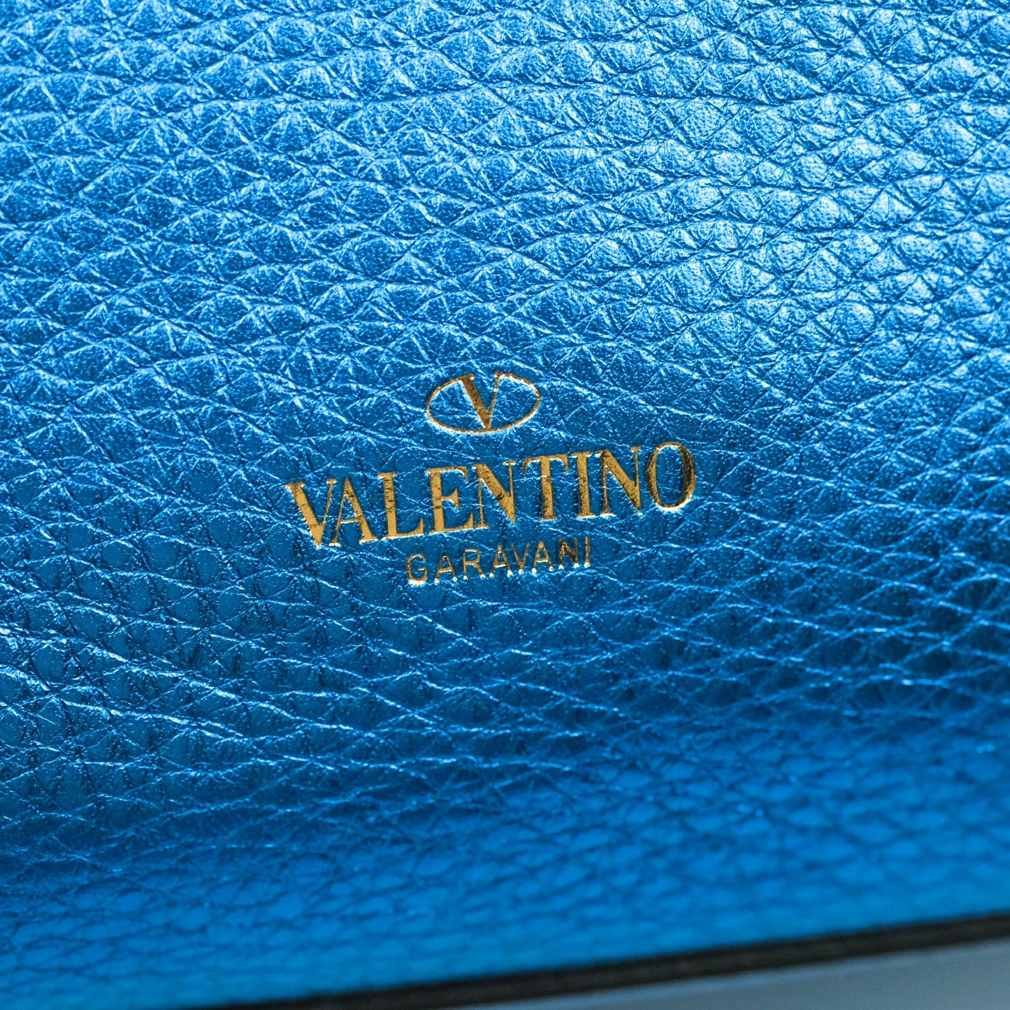 Valentino Garavani Small Trapeze Rockstud Metallic Blue Grained Calfskin Gold Hardware