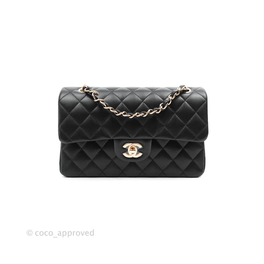 Chanel Classic Small S/M Flap Black Lambskin Rose Pink-Gold Hardware