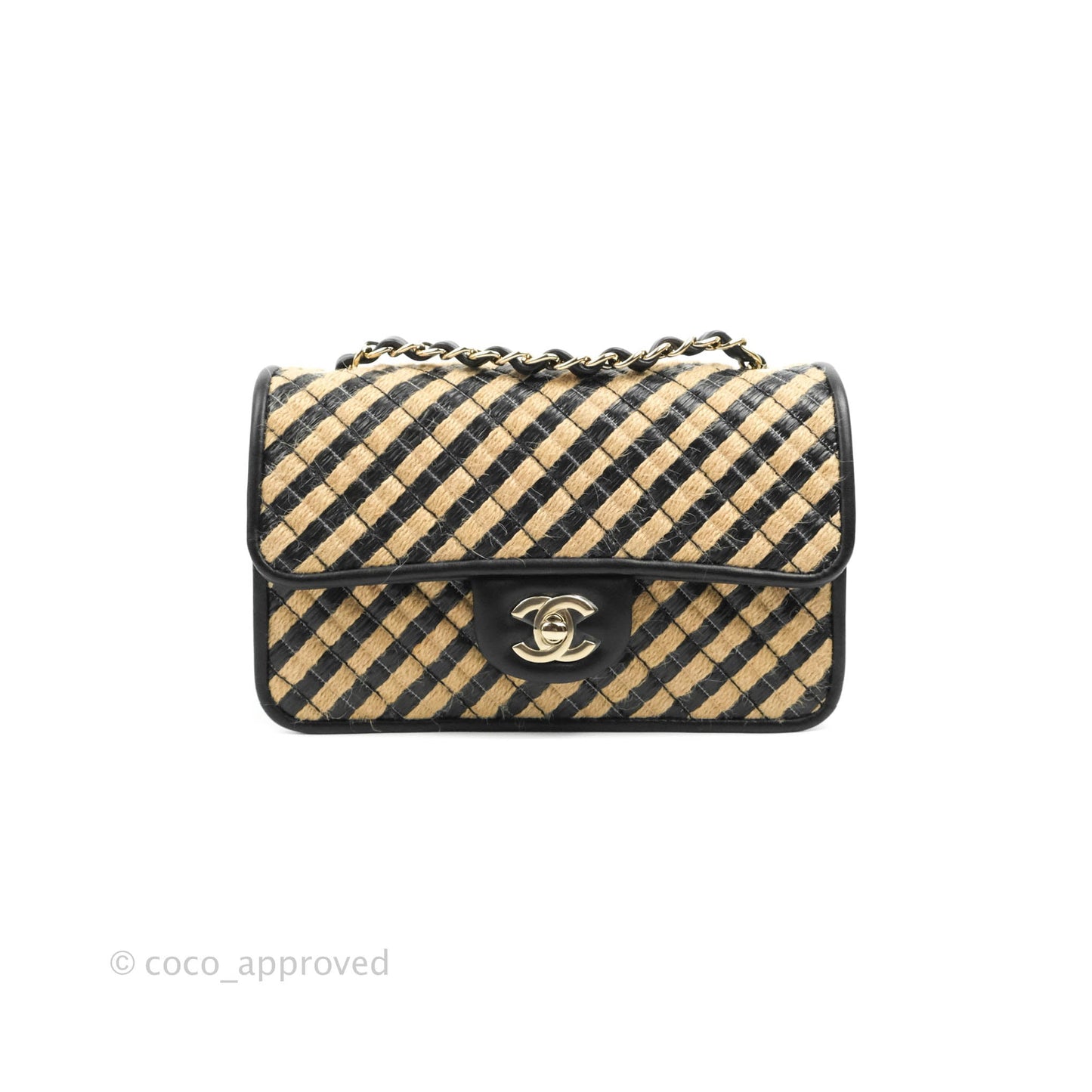Chanel Quilted Mini Rectangular Flap Raffia Jute Thread Black & Beige Gold Hardware