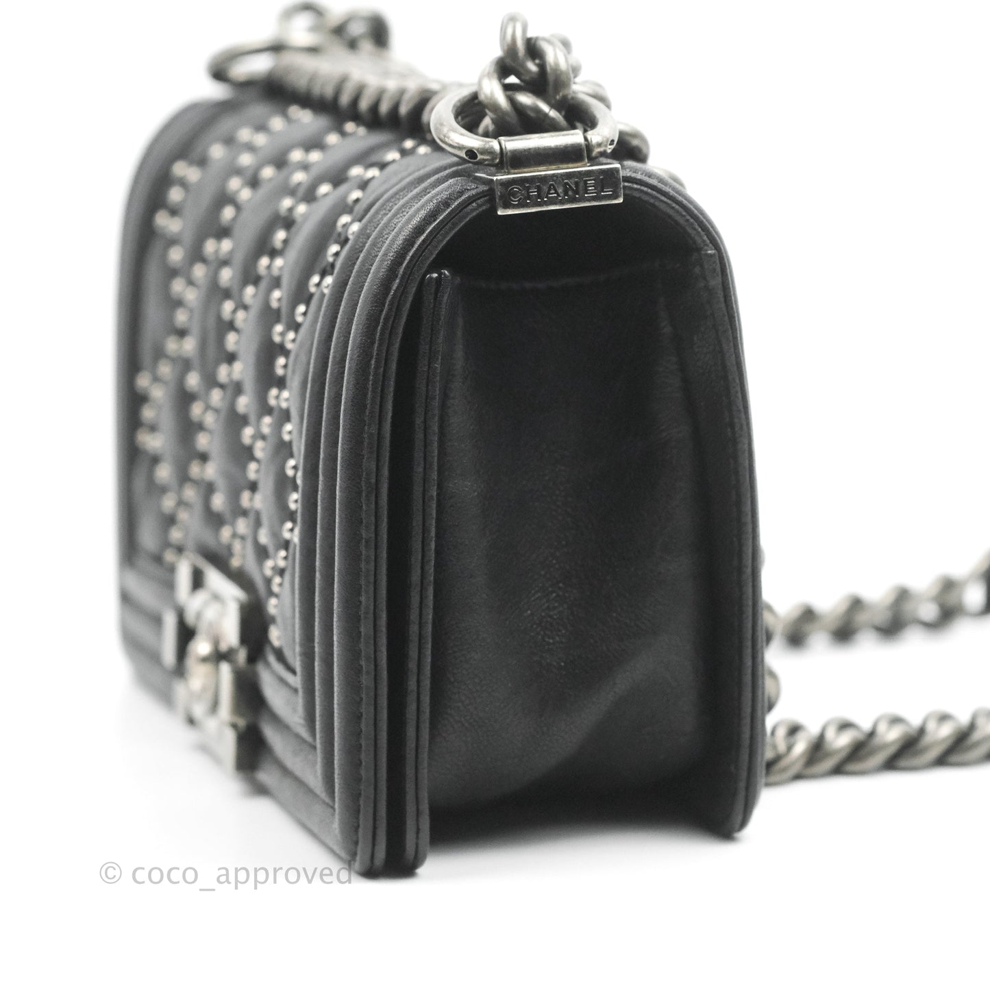 Chanel Quilted Small Boy Studded Bag Black Aged Calfskin Ruthenium Hardware