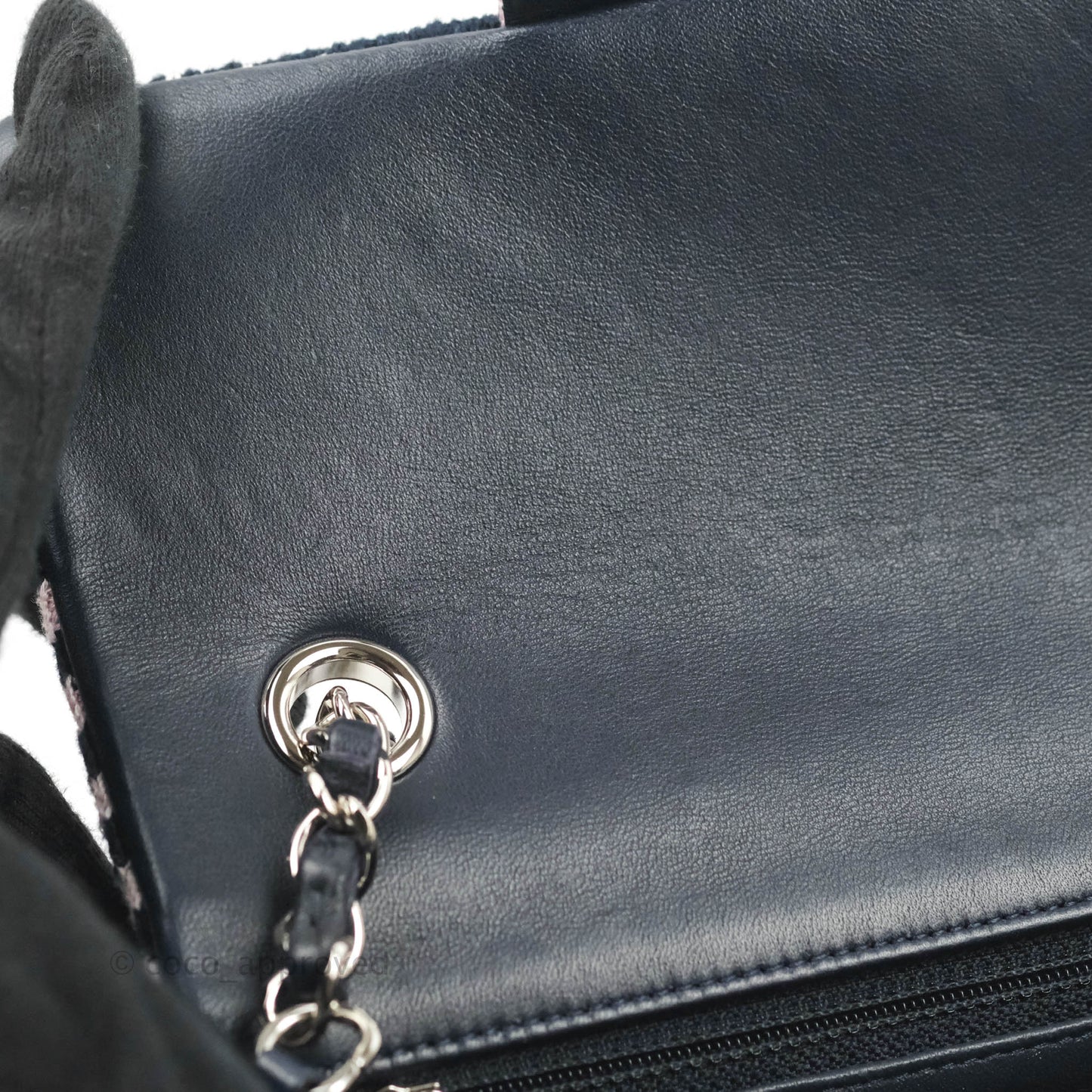 Chanel Mini Rectangular Flap Bag Navy Pink Striped Tweed Silver Hardware