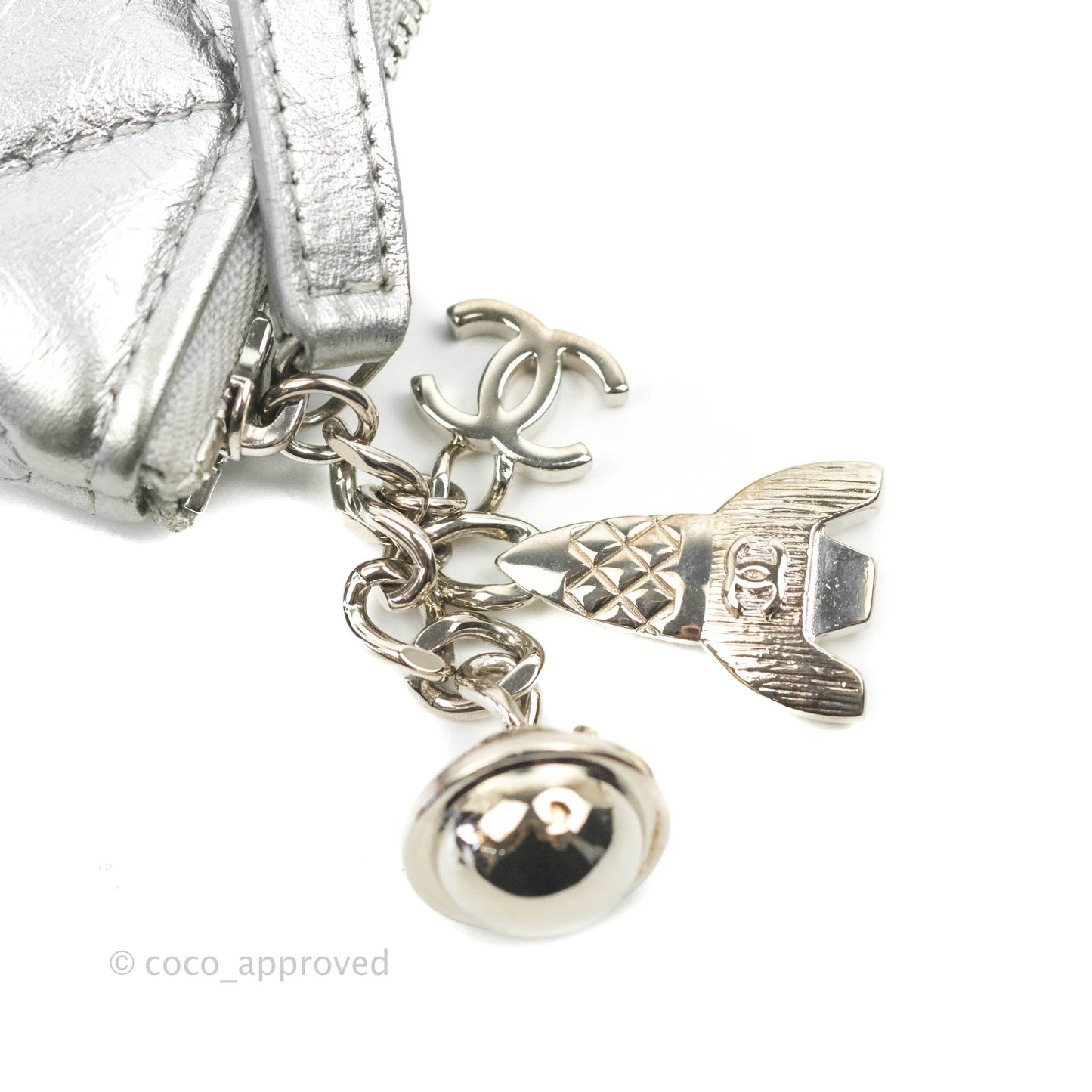 Chanel Caviar Quilted Large Cosmetic Case Metallic Silver  With Charms