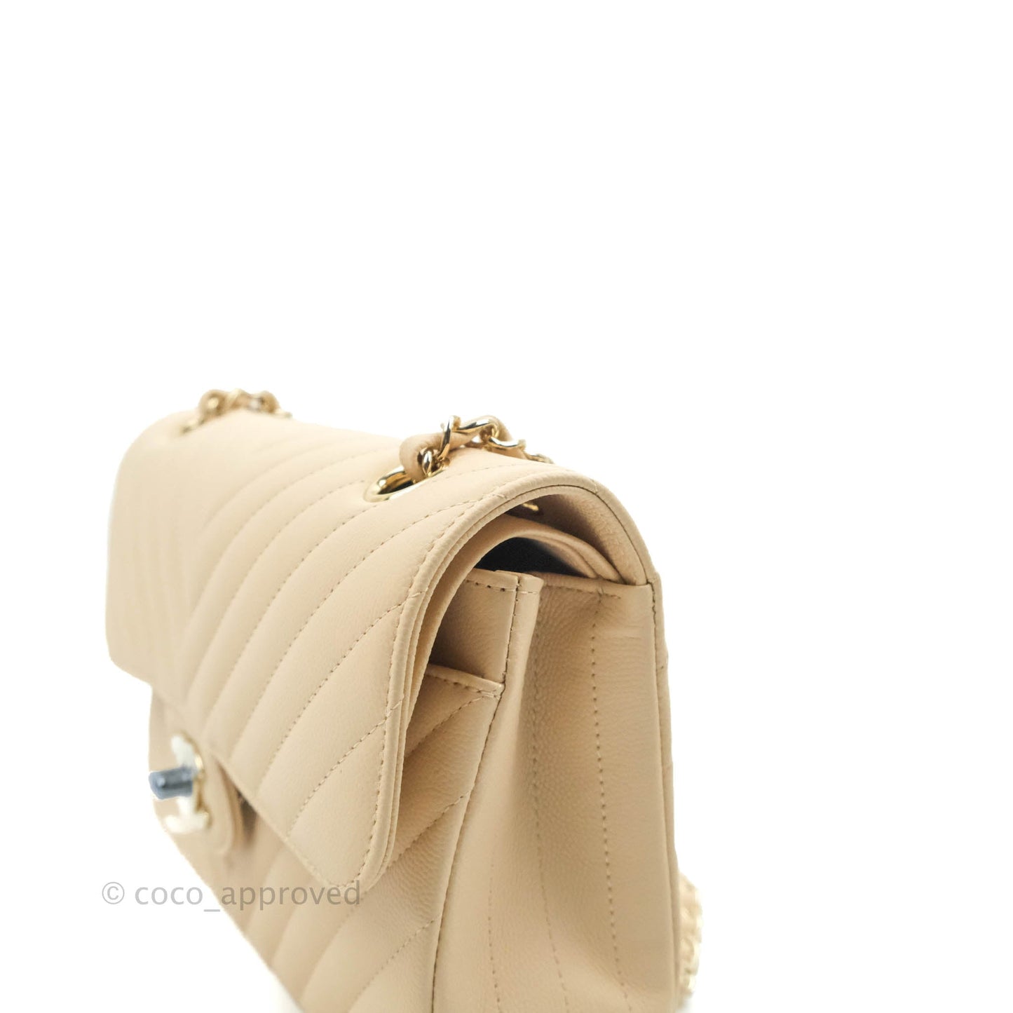 Chanel S/M Small Chevron Classic Flap Beige Caviar Gold Hardware 21S