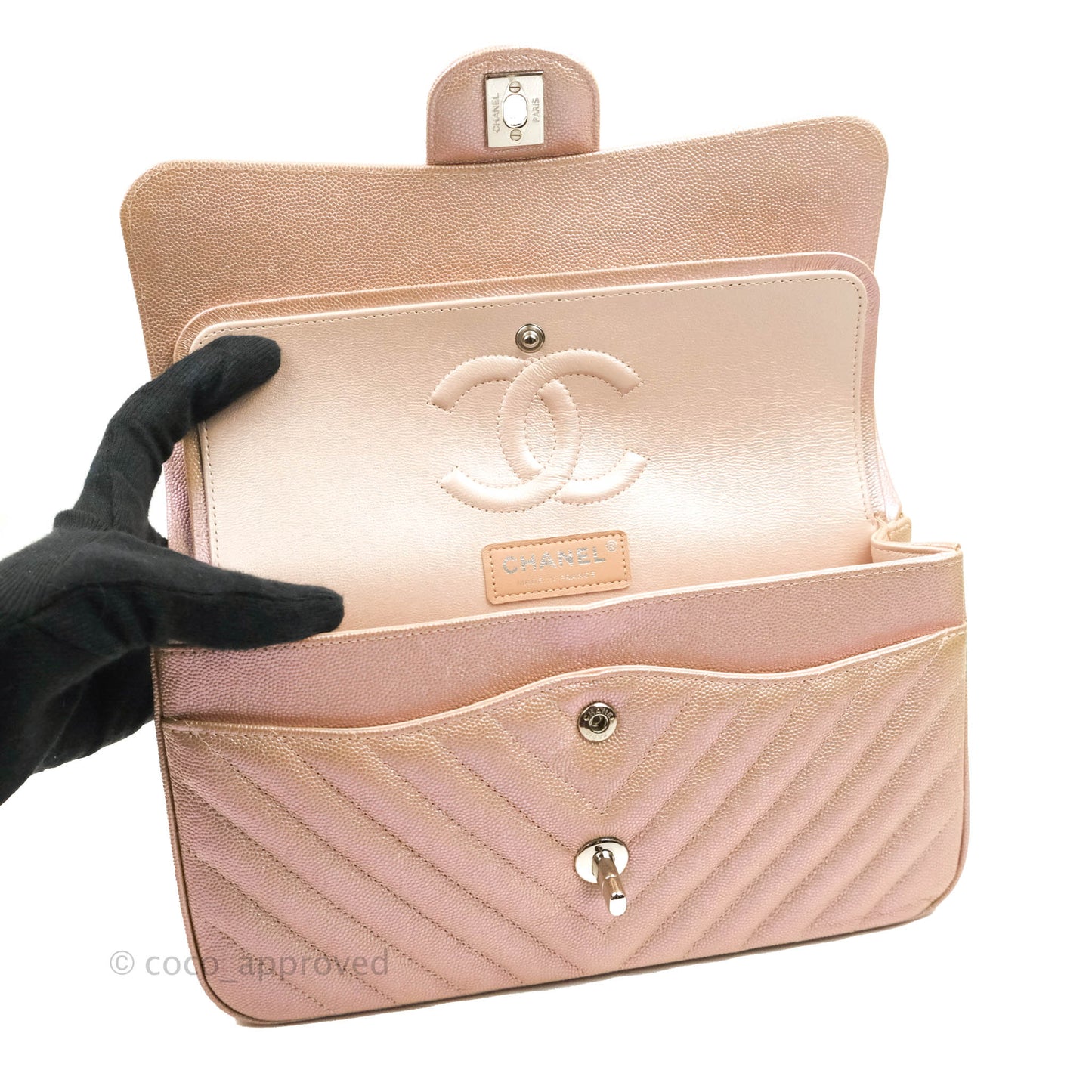 Chanel Classic M/L Medium Double Flap Iridescent Rose Gold Pink Caviar Silver Hardware 17B