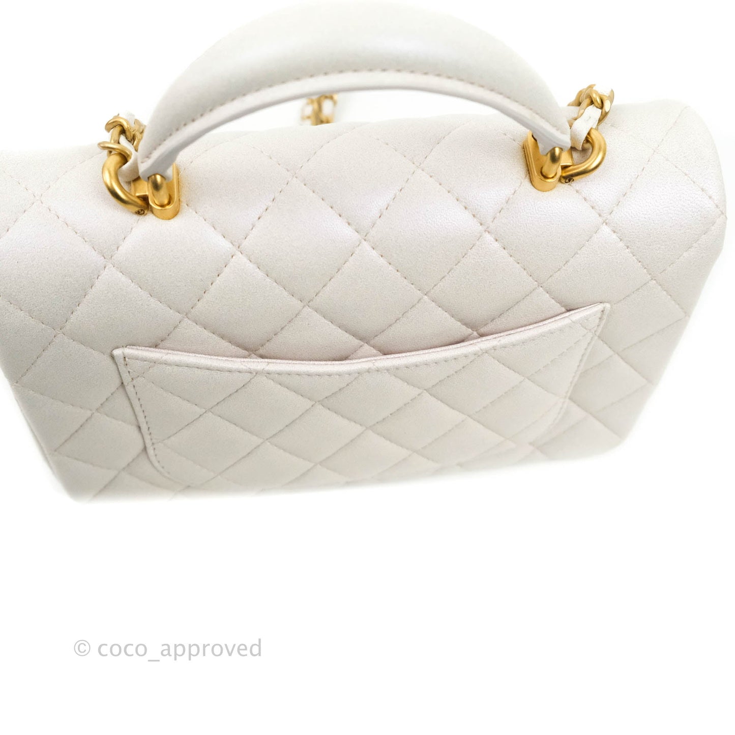 Chanel Top Handle Mini Rectangular Flap Bag Iridescent White Lambskin Gold Hardware
