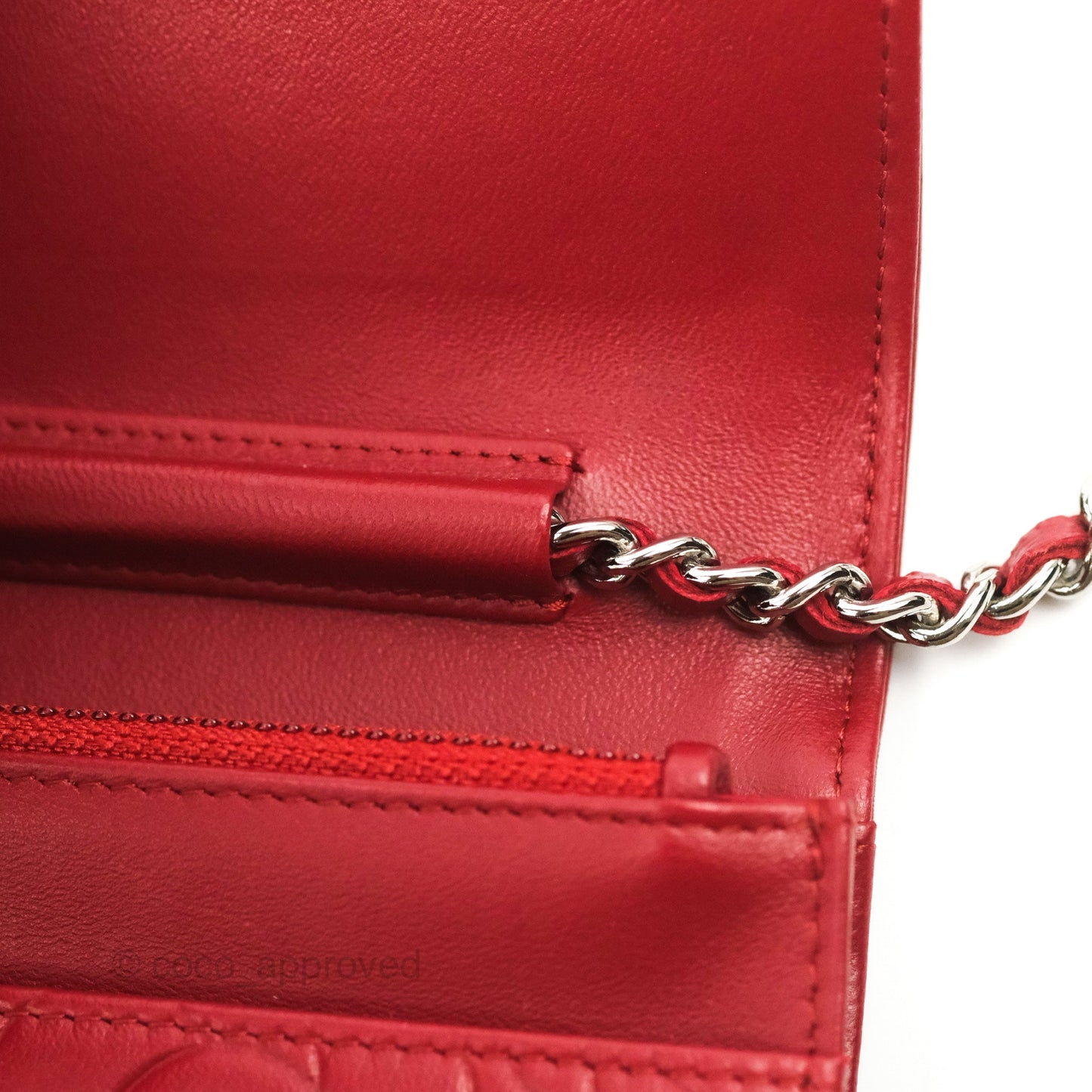 Chanel Camellia Embossed Wallet On Chain WOC Red Lambskin Silver Hardware