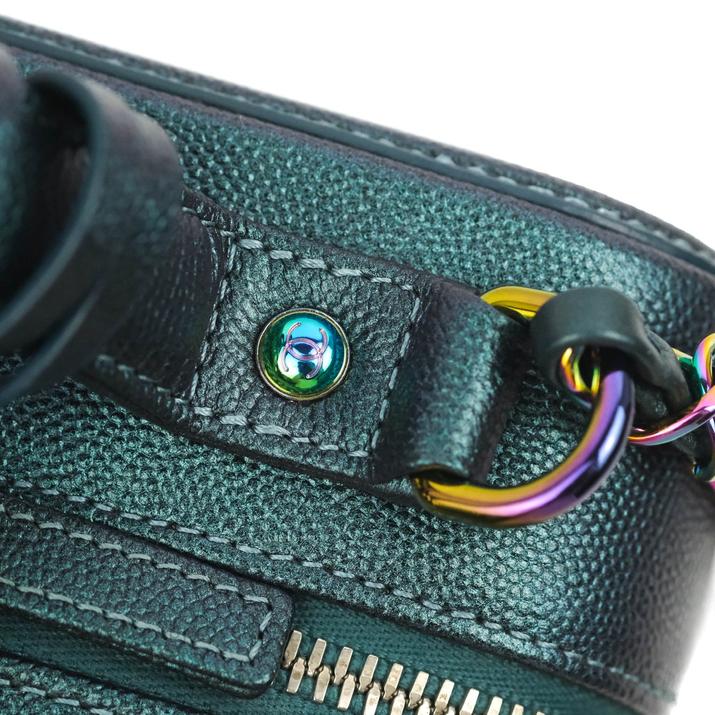 Chanel Quilted Medium CC Filigree Vanity Case Iridescent Dark Turquoise Caviar Rainbow Hardware