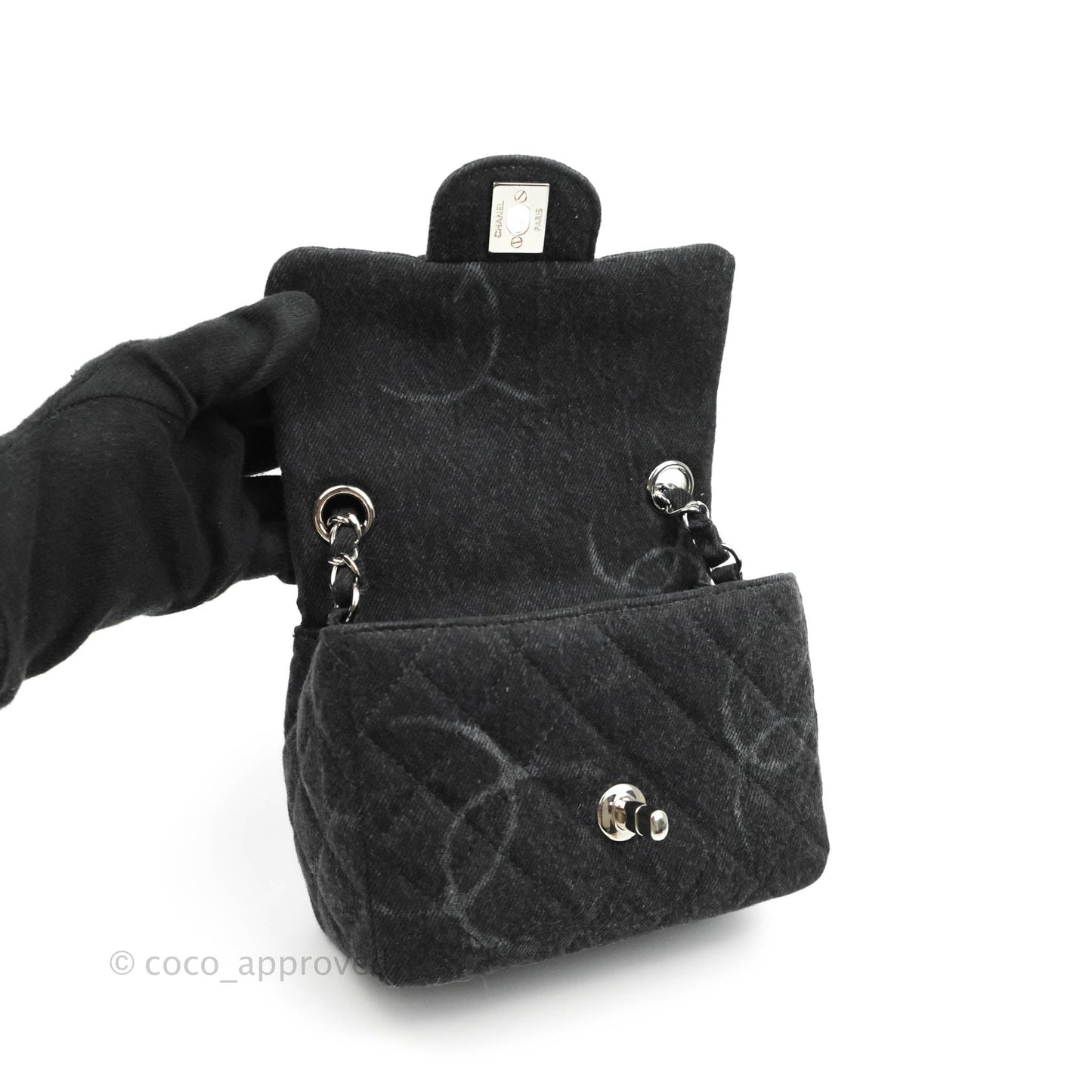 Chanel Quilted Mini Square Black Denim Silver Hardware