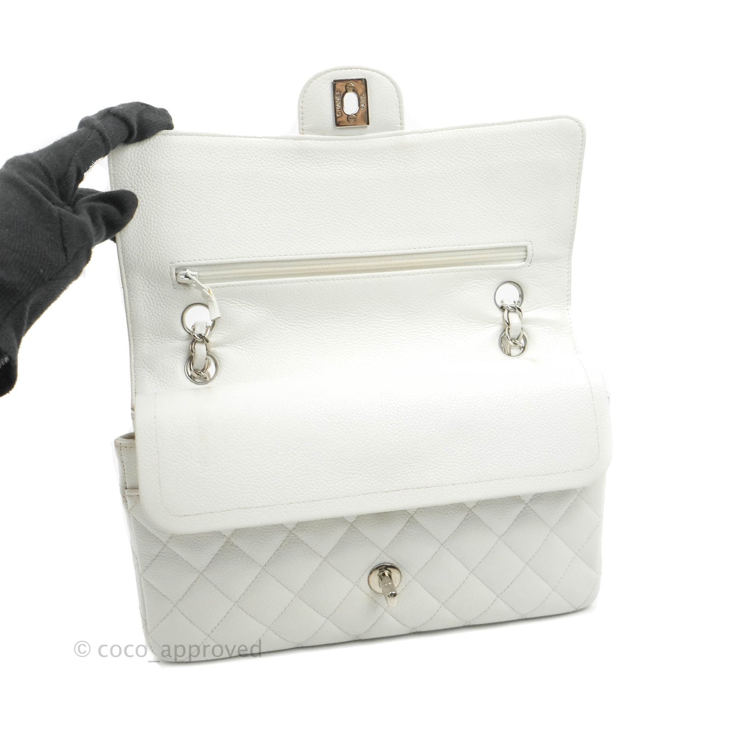 Chanel Classic M/L Medium Double Flap White Caviar Silver Hardware