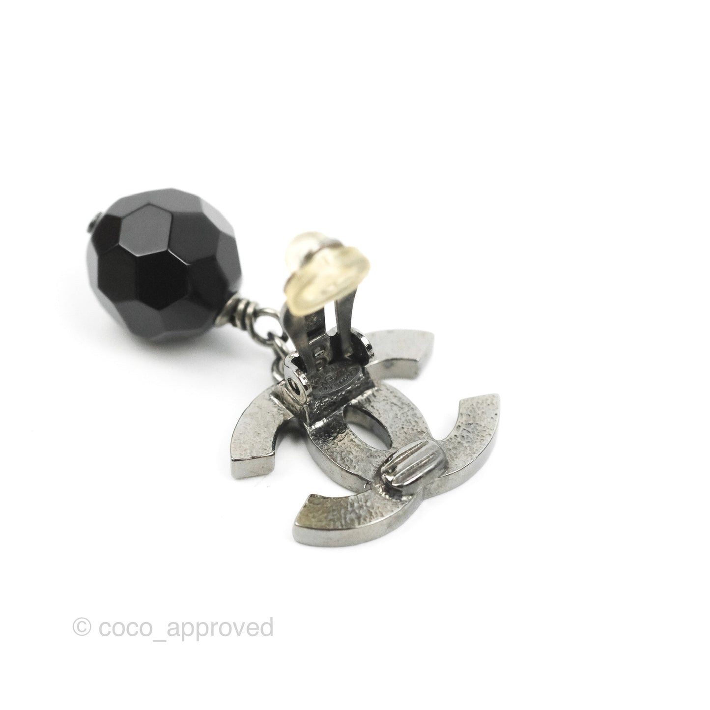 Chanel CC Black Resin Sphere Drop Ear Clip Gun Metal 12V