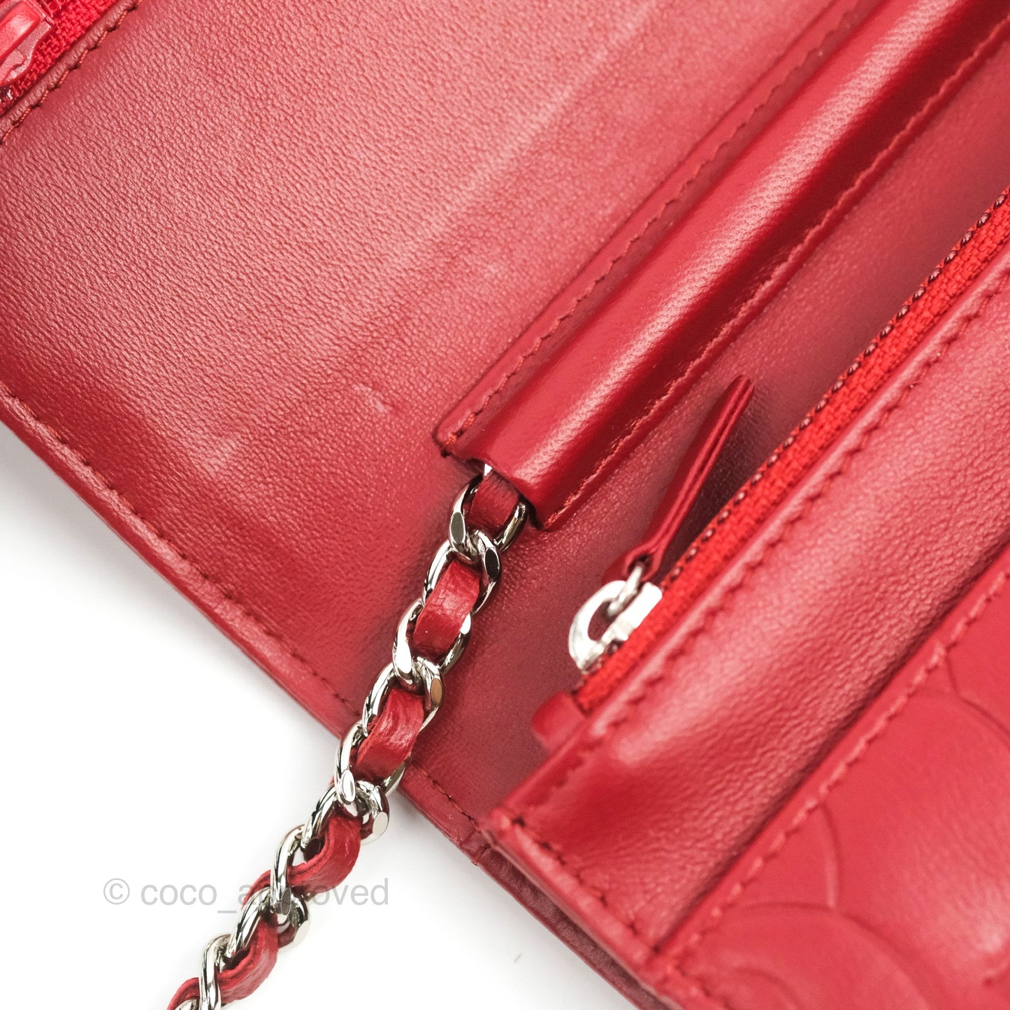 Chanel Camellia Embossed Wallet On Chain WOC Red Lambskin Silver Hardware