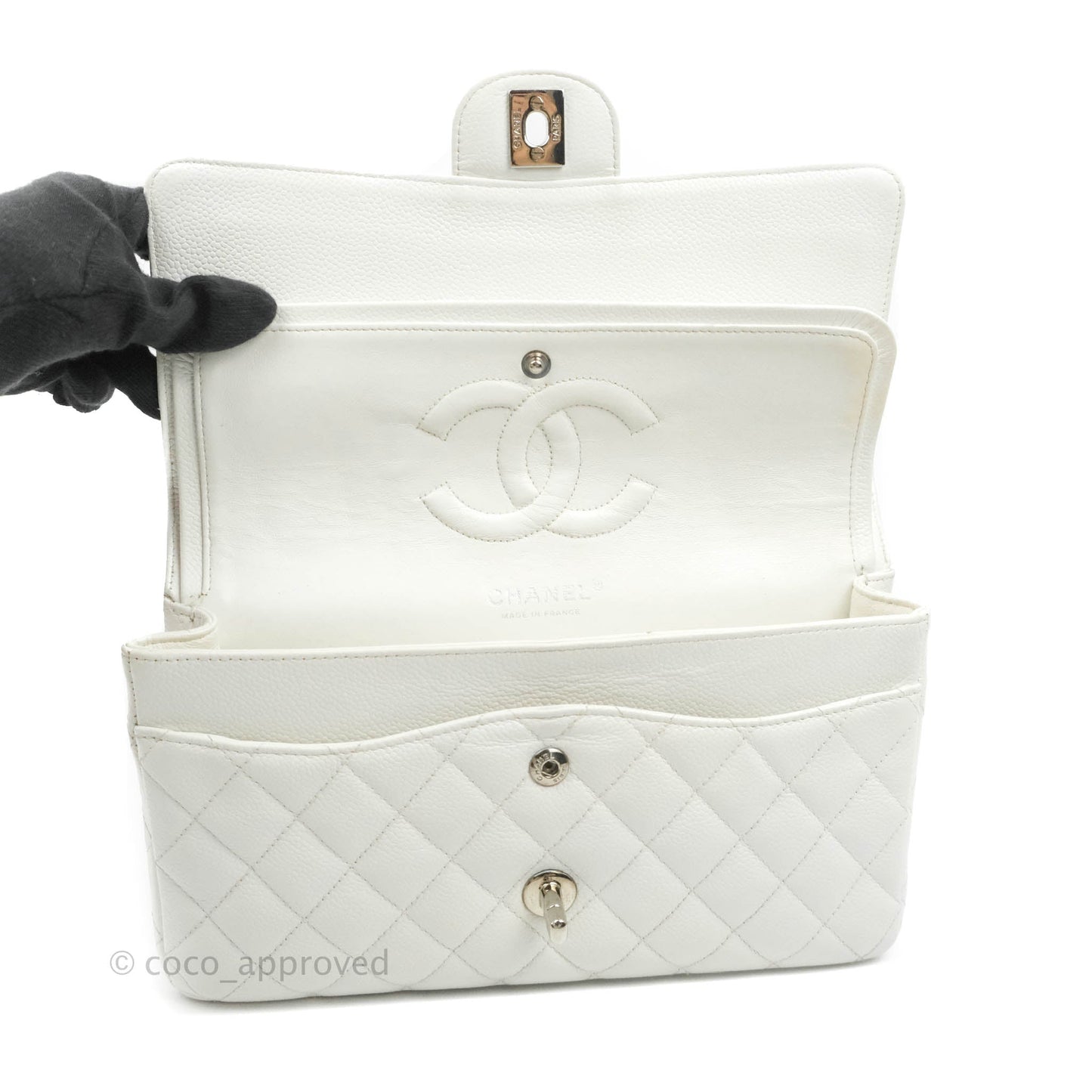 Chanel Classic M/L Medium Double Flap White Caviar Silver Hardware