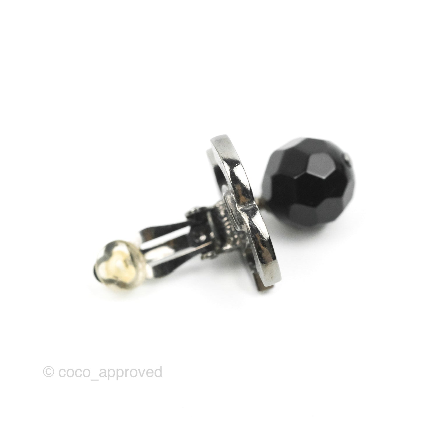 Chanel CC Black Resin Sphere Drop Ear Clip Gun Metal 12V