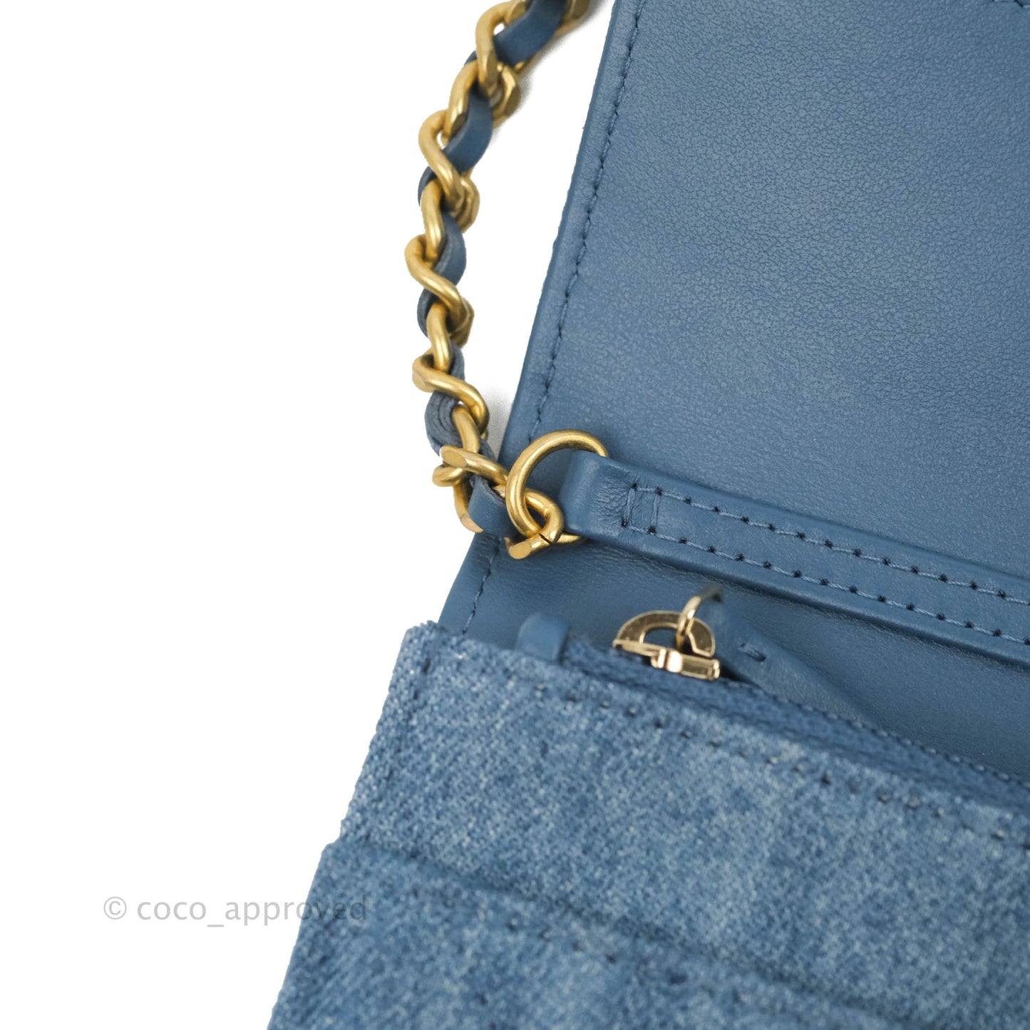 Chanel Quilted Pearl Crush Wallet on Chain WOC Denim Aged Gold Hardware