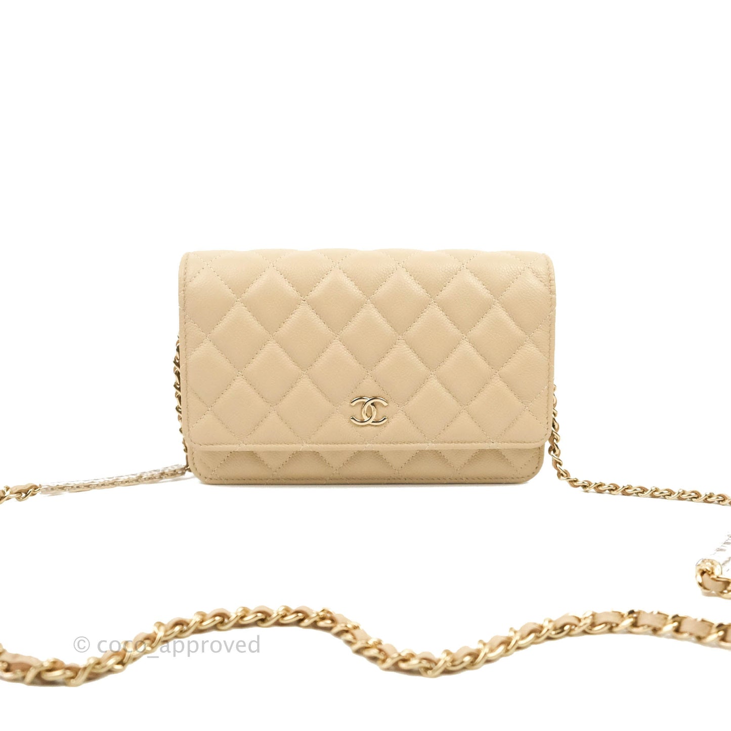 Chanel Quilted Wallet on CC Chain WOC Beige Caviar Gold Hardware
