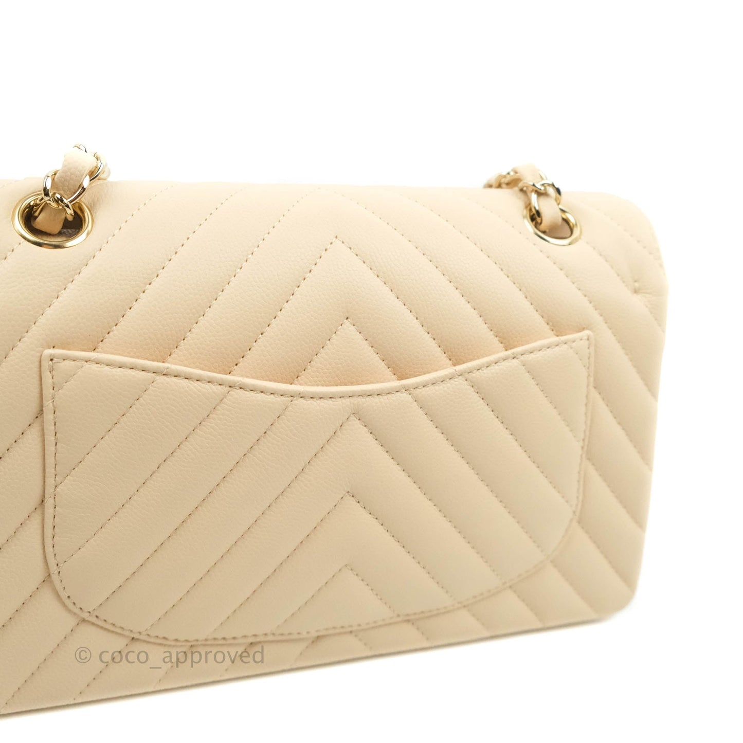 Chanel S/M Small Chevron Classic Flap Beige Caviar Gold Hardware 21S