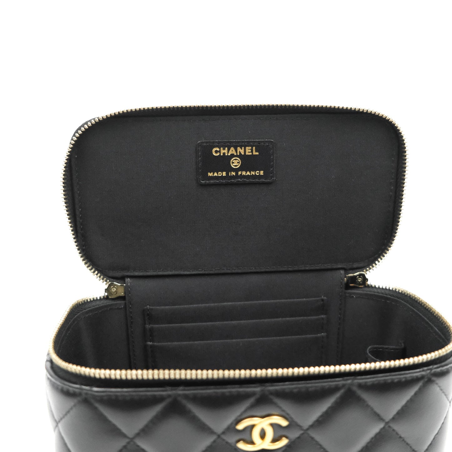 Chanel Classic Vanity Rectangular Top Handle With Chain Black Lambskin Aged Gold Hardware