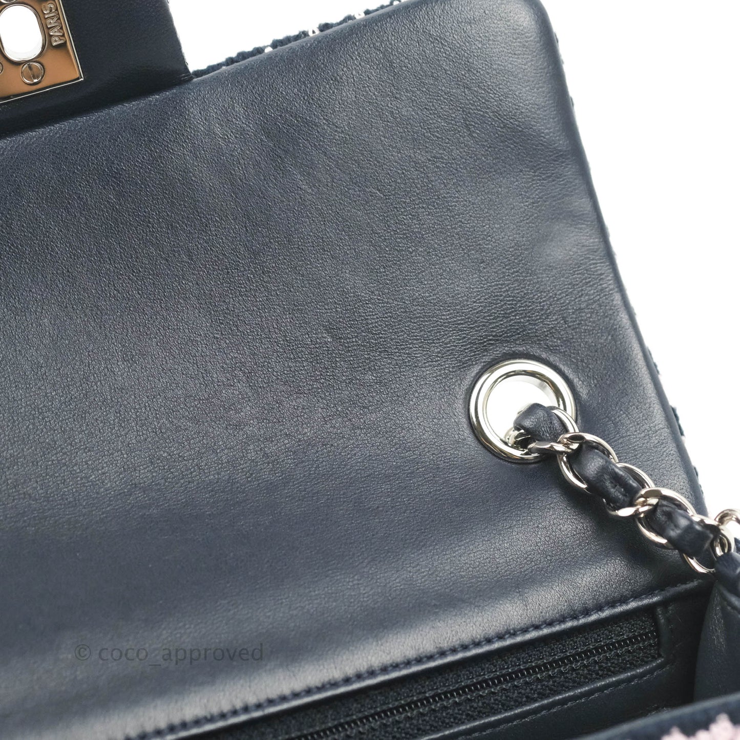 Chanel Mini Rectangular Flap Bag Navy Pink Striped Tweed Silver Hardware