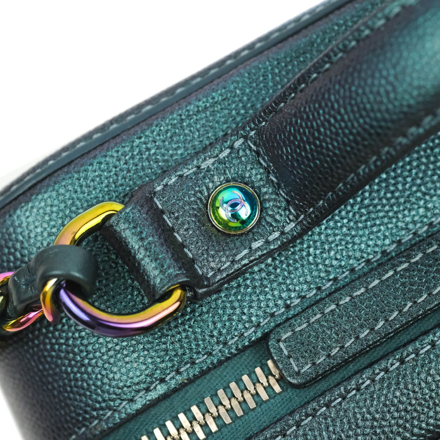 Chanel Quilted Medium CC Filigree Vanity Case Iridescent Dark Turquoise Caviar Rainbow Hardware