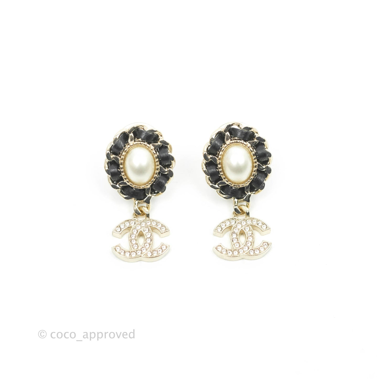 Chanel Oval Pearl Braided Black Leather Drop Crystal CC Earrings Gold Tone 21B