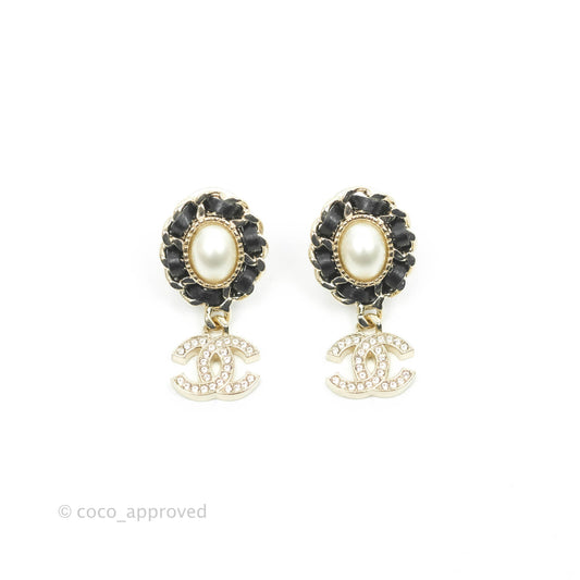Chanel Oval Pearl Braided Black Leather Drop Crystal CC Earrings Gold Tone 21B