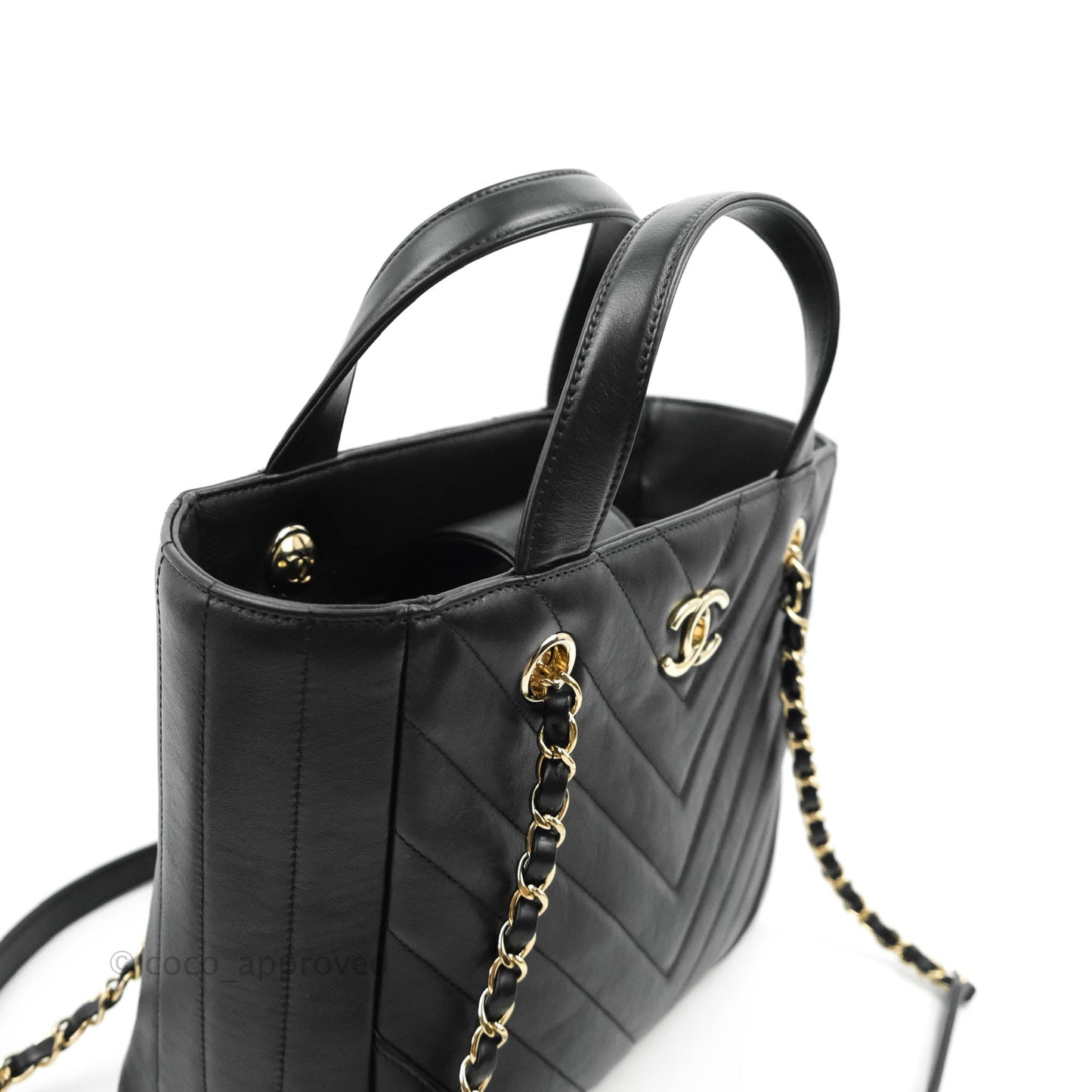 Chanel Small Chevron Tote Bag Black Calfskin Gold Hardware
