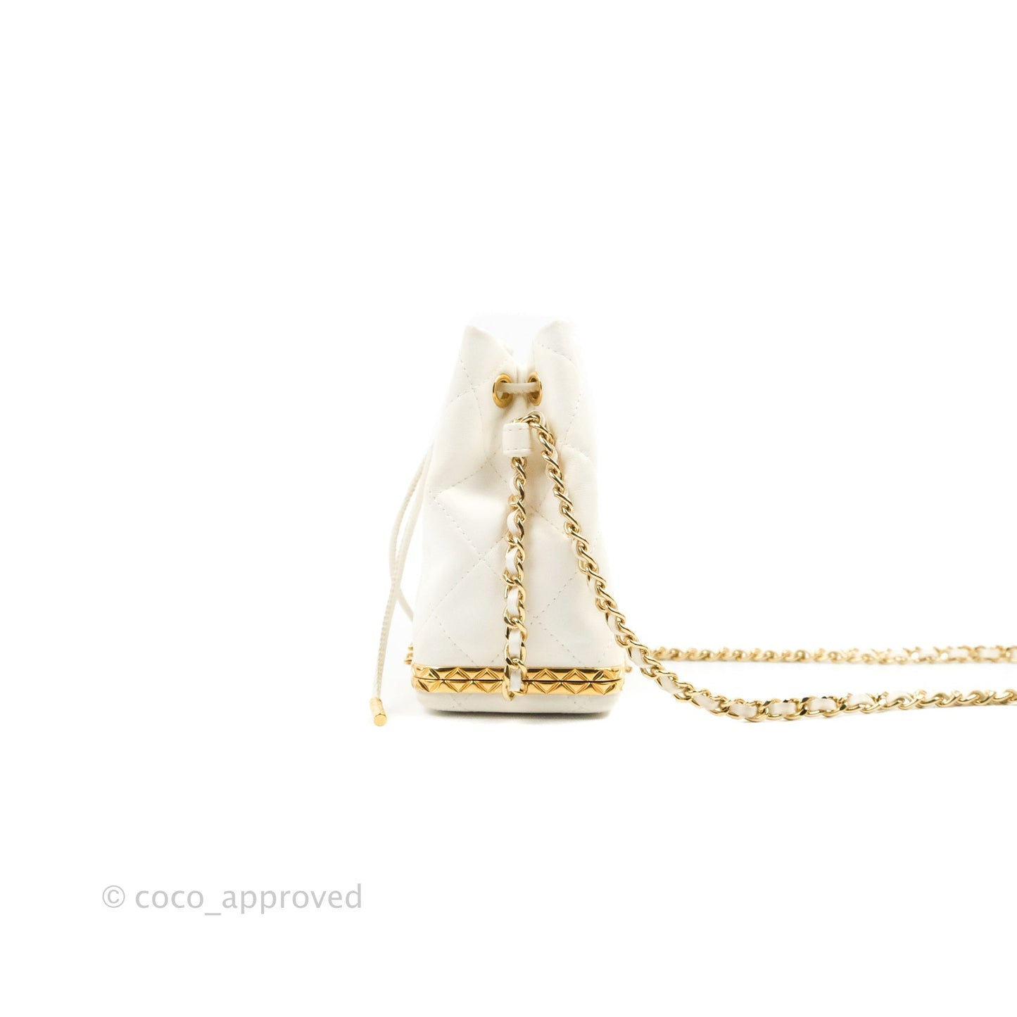 Chanel Quilted Small Drawstring Bucket Bag White Calfskin Gold Hardware