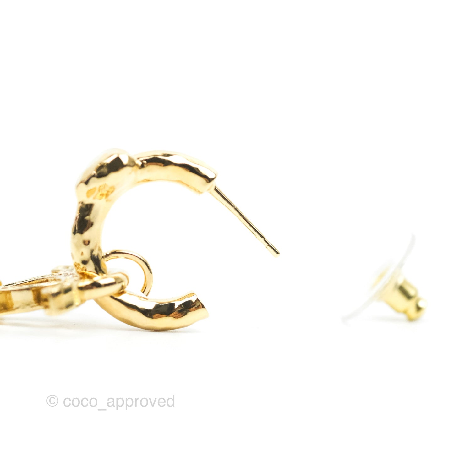 Chanel Heart Crystal CC Drop Hoop Earrings Gold Tone 23P
