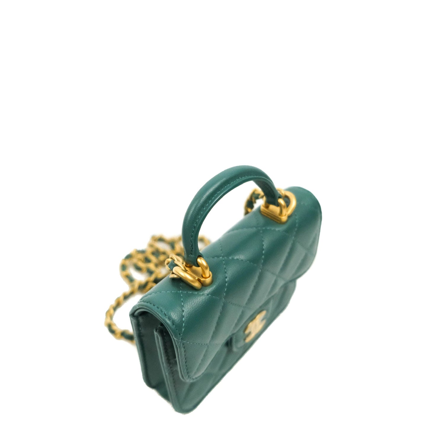 Chanel Mini Handle Flap Coin Purse With Chain Green Lambskin Gold Hardware
