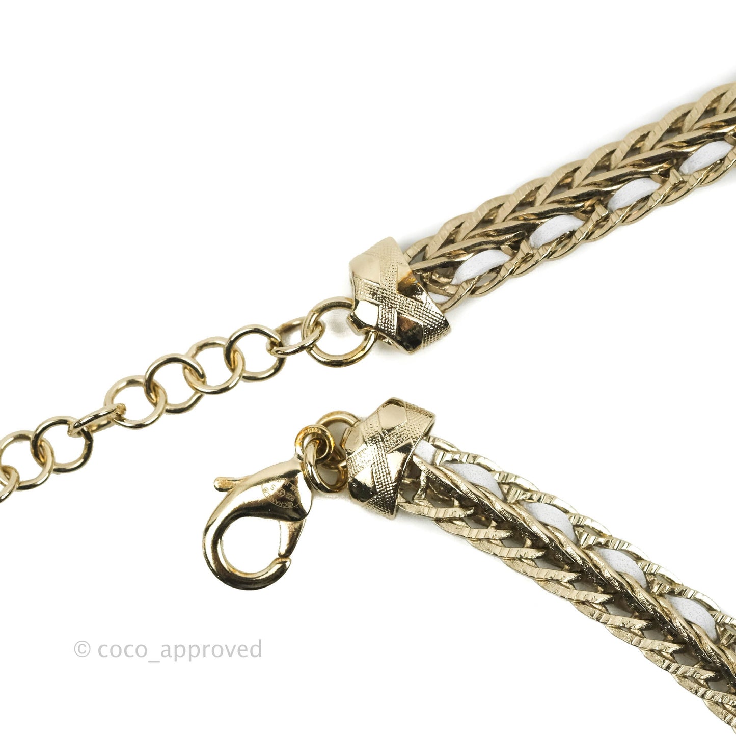 Chanel Crystal CC White Leather Braided Chain Choker Gold Tone 22S