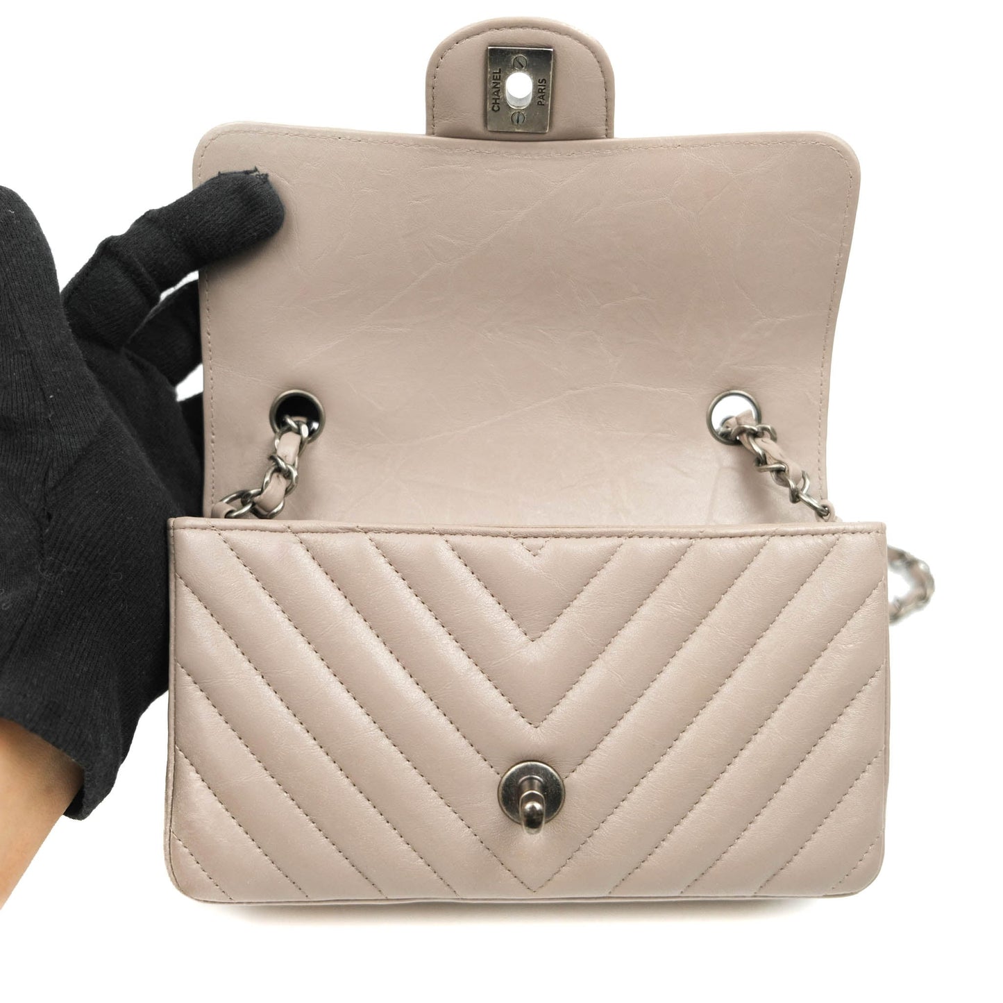Chanel Chevron Mini Rectangular Flap Taupe Grey Calfskin Ruthenium Hardware 18B